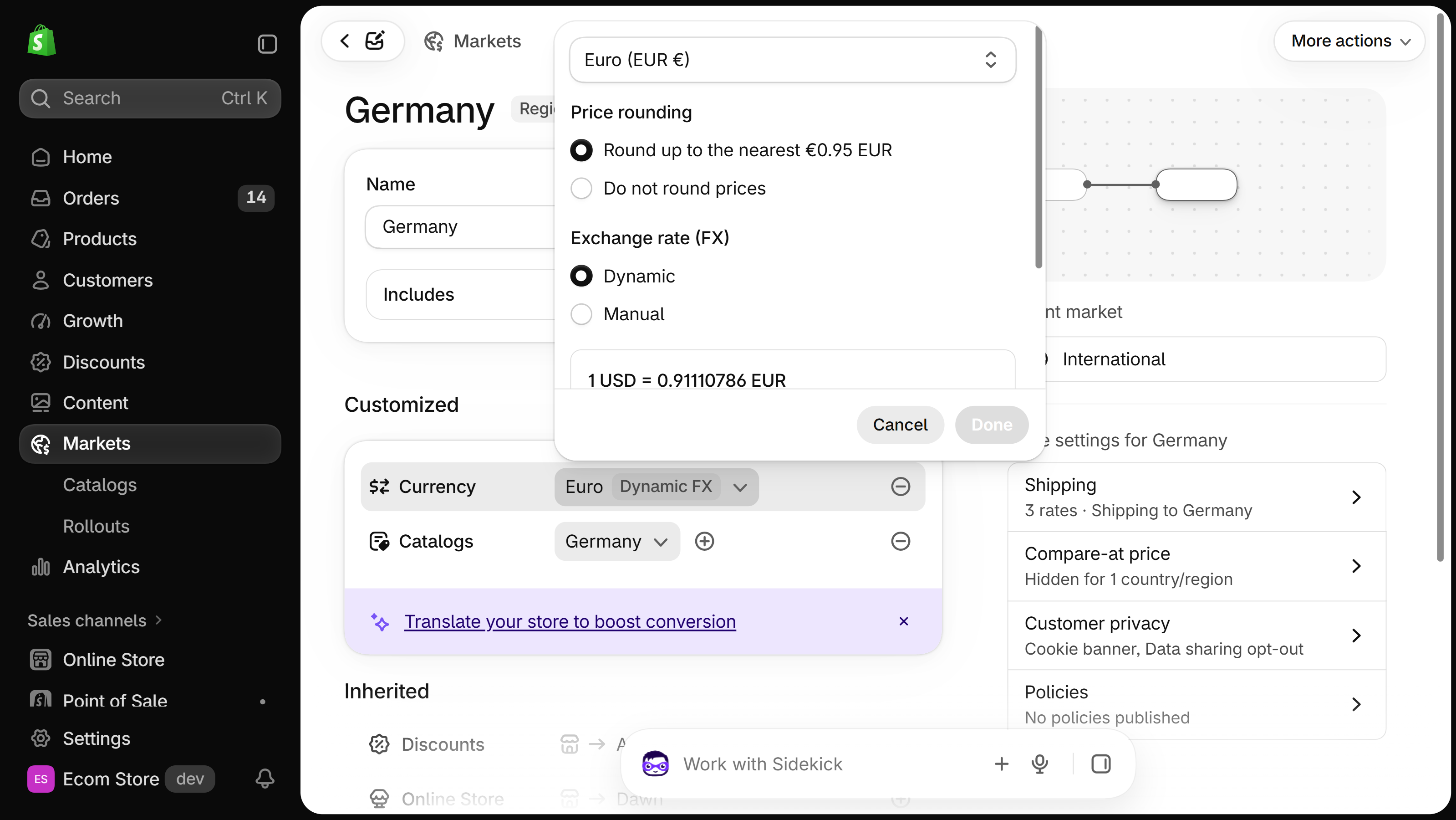 Shopify Markets page for a single-country market with the Currency picker open, showing Euro, price rounding and a Dynamic or Manual exchange rate choice