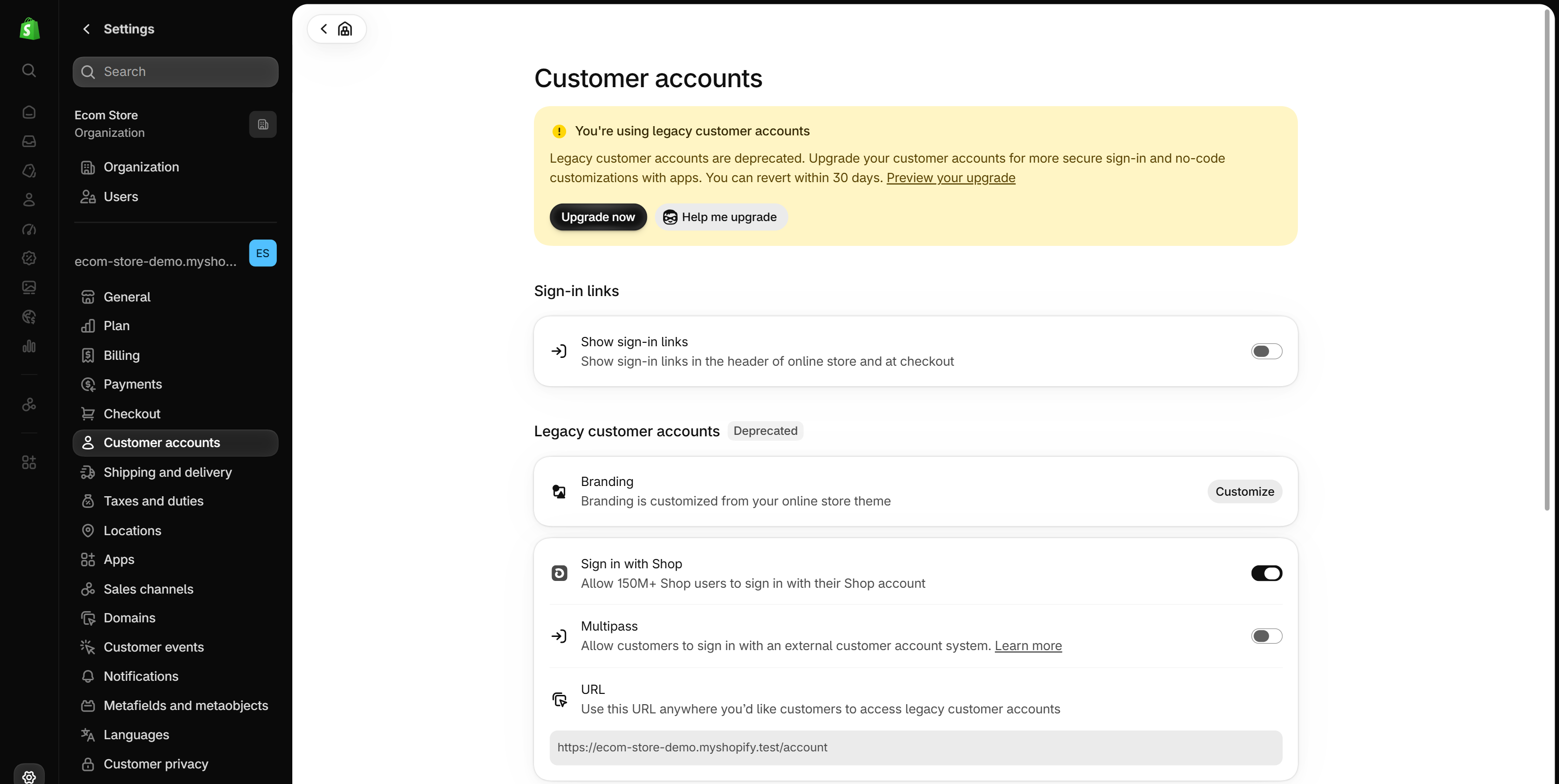 Shopify admin Settings, Customer accounts page on a store still using legacy customer accounts: the Legacy customer accounts section with the Sign in with Shop row and its switch, above Multipass and the account URL