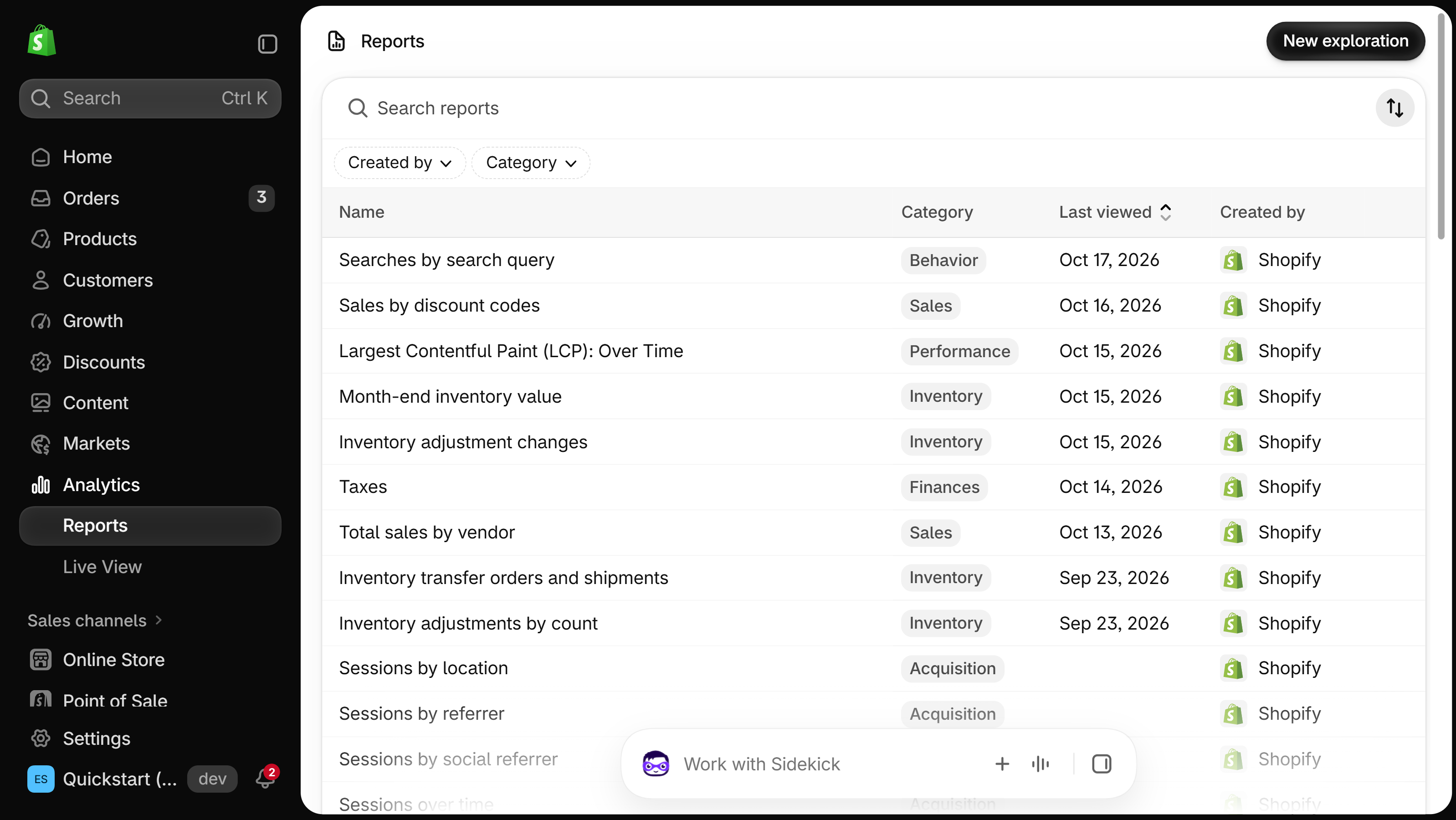 Shopify admin Analytics Reports list with a search box and Category filter, showing the Sales by discount codes report in the Sales category, created by Shopify