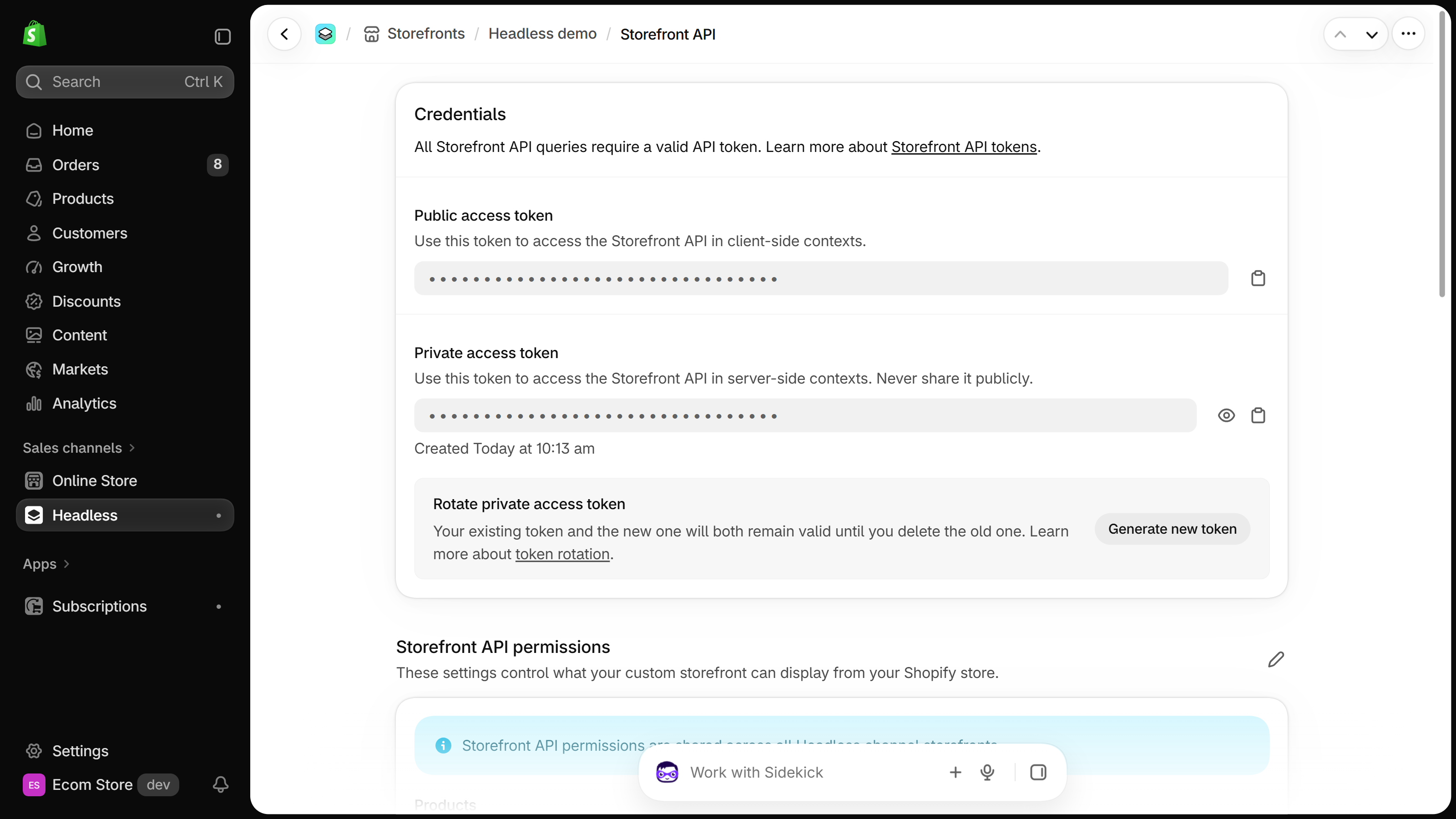 Shopify admin, Headless sales channel: the Storefront API page of a storefront named Headless demo, with masked public and private access tokens, a Generate new token button and the Storefront API permissions heading