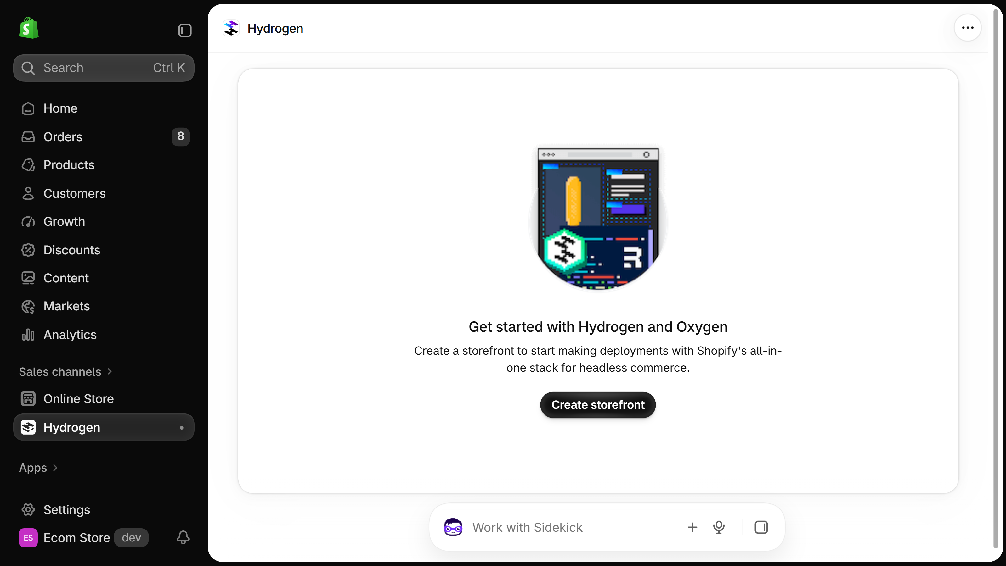 Shopify admin, Hydrogen sales channel before any storefront exists: Get started with Hydrogen and Oxygen, with a Create storefront button