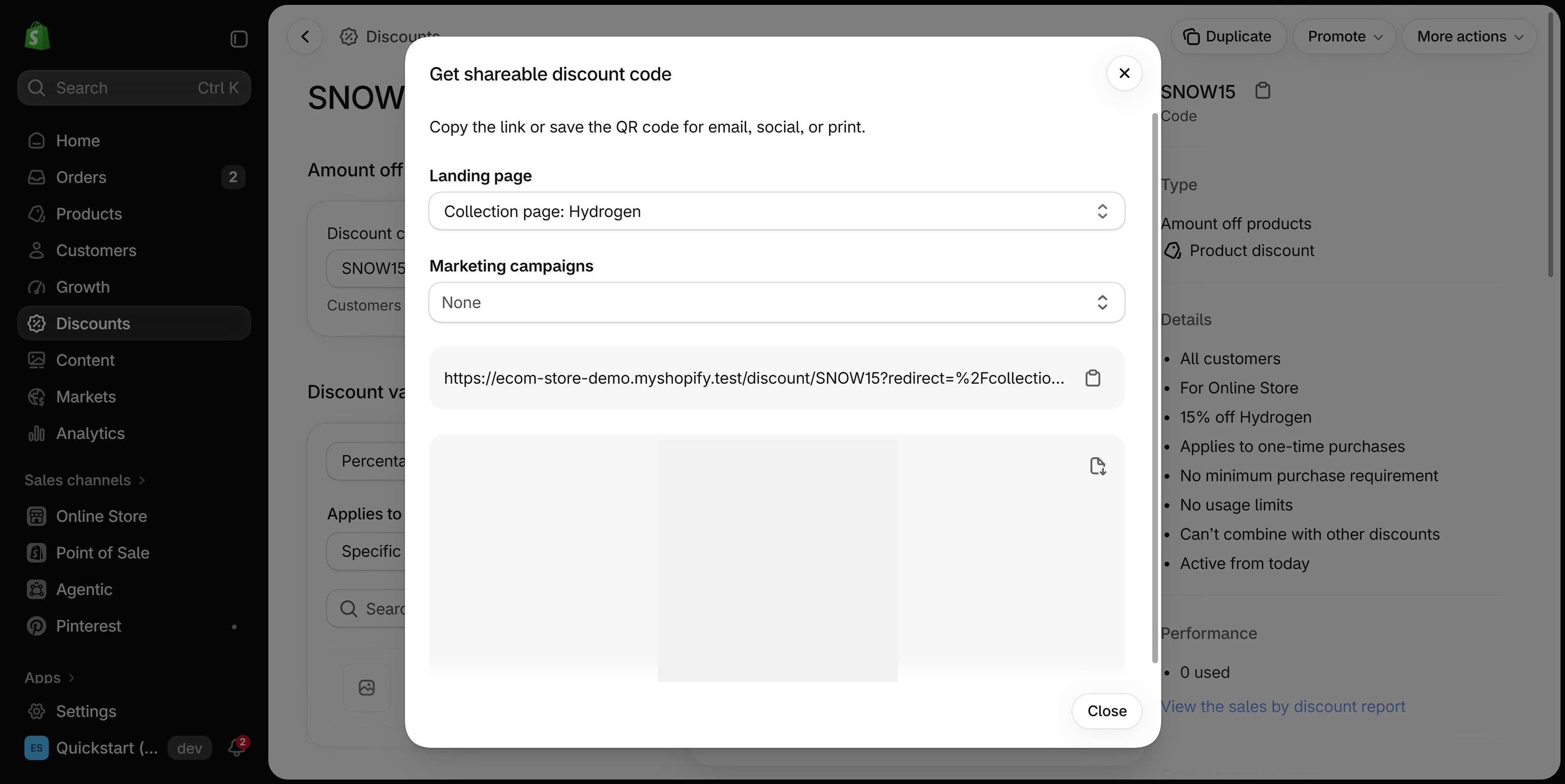 The window that Get a shareable link opens, titled Get shareable discount code, for a collection discount, with Landing page set to a collection page, Marketing campaigns set to None, the copyable link and a blanked QR code