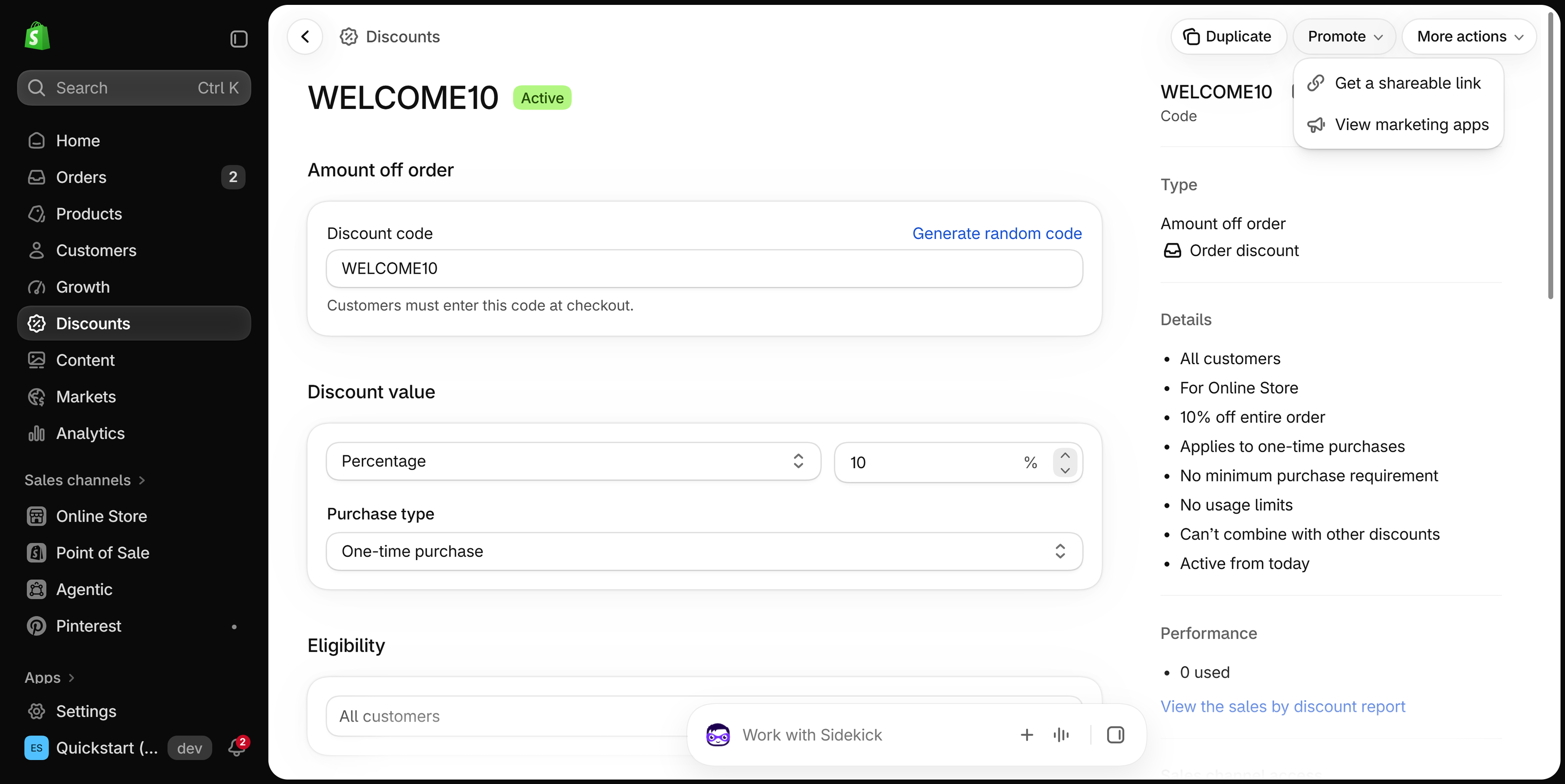 Shopify admin page of an active discount code with the Promote menu open, listing Get a shareable link and View marketing apps