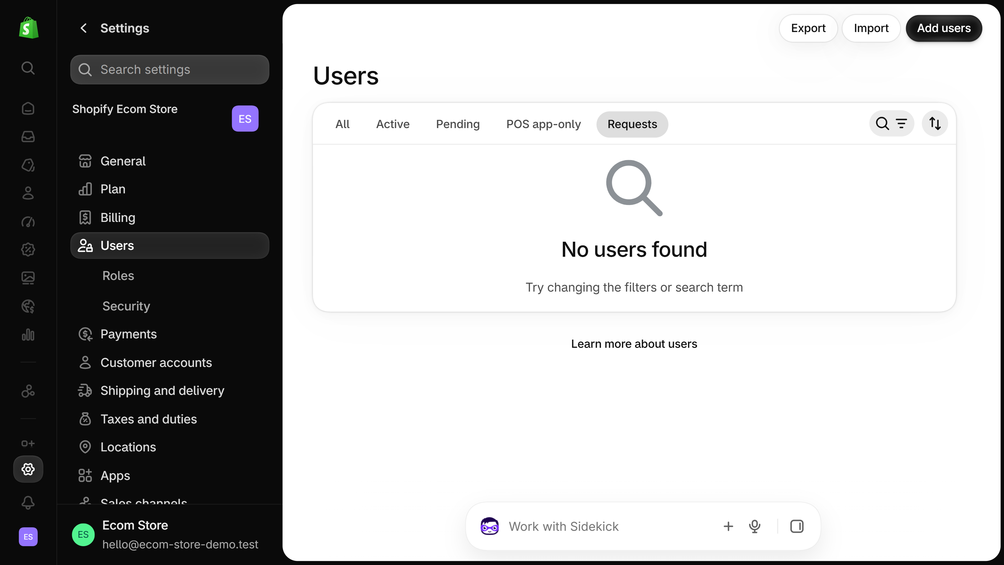 Shopify admin Users page with the Requests tab selected next to All, Active, Pending and POS app-only, showing no users found