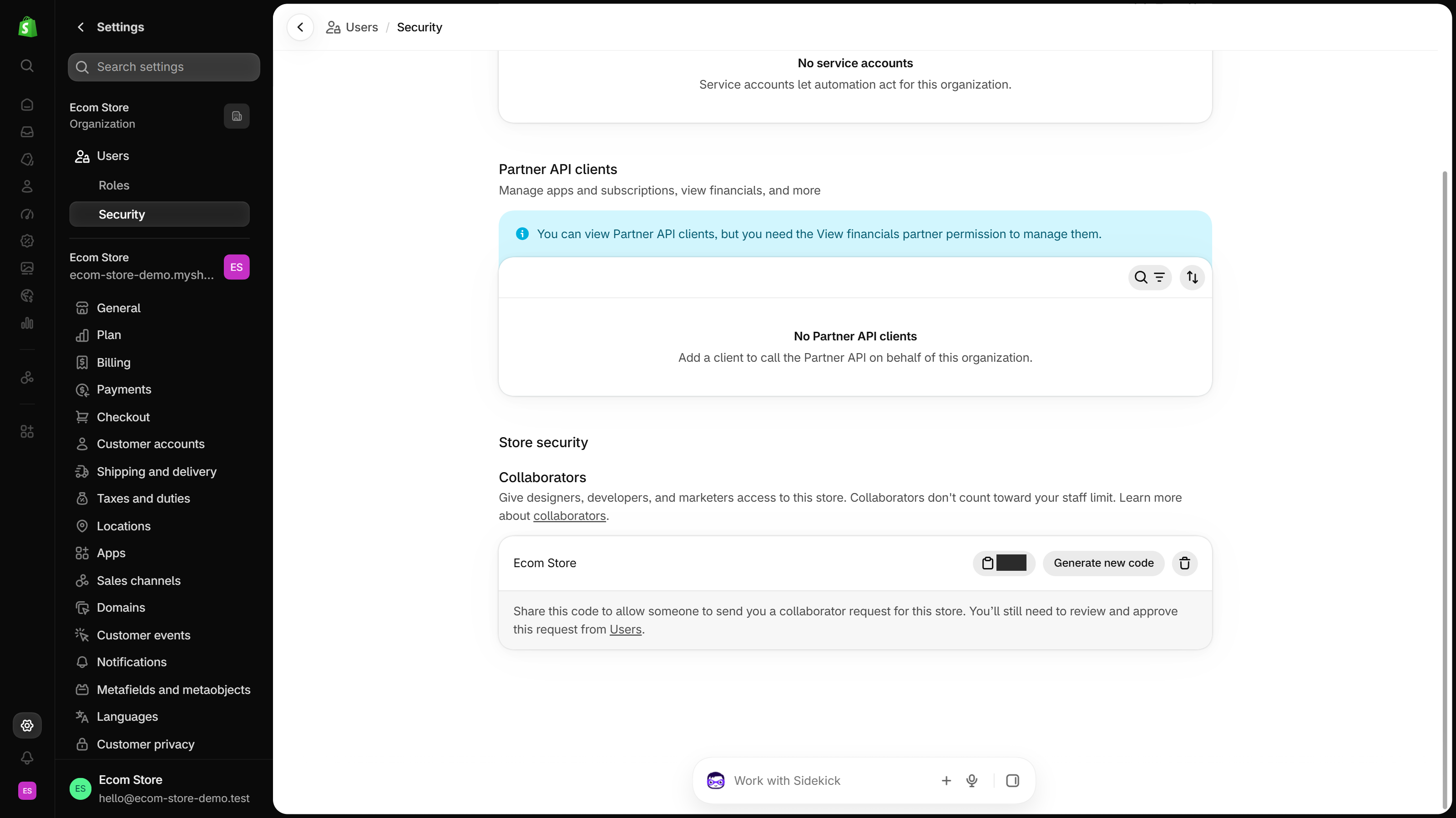 Shopify admin Users Security settings page with the Collaborators section, a masked collaborator request code and a Generate new code button