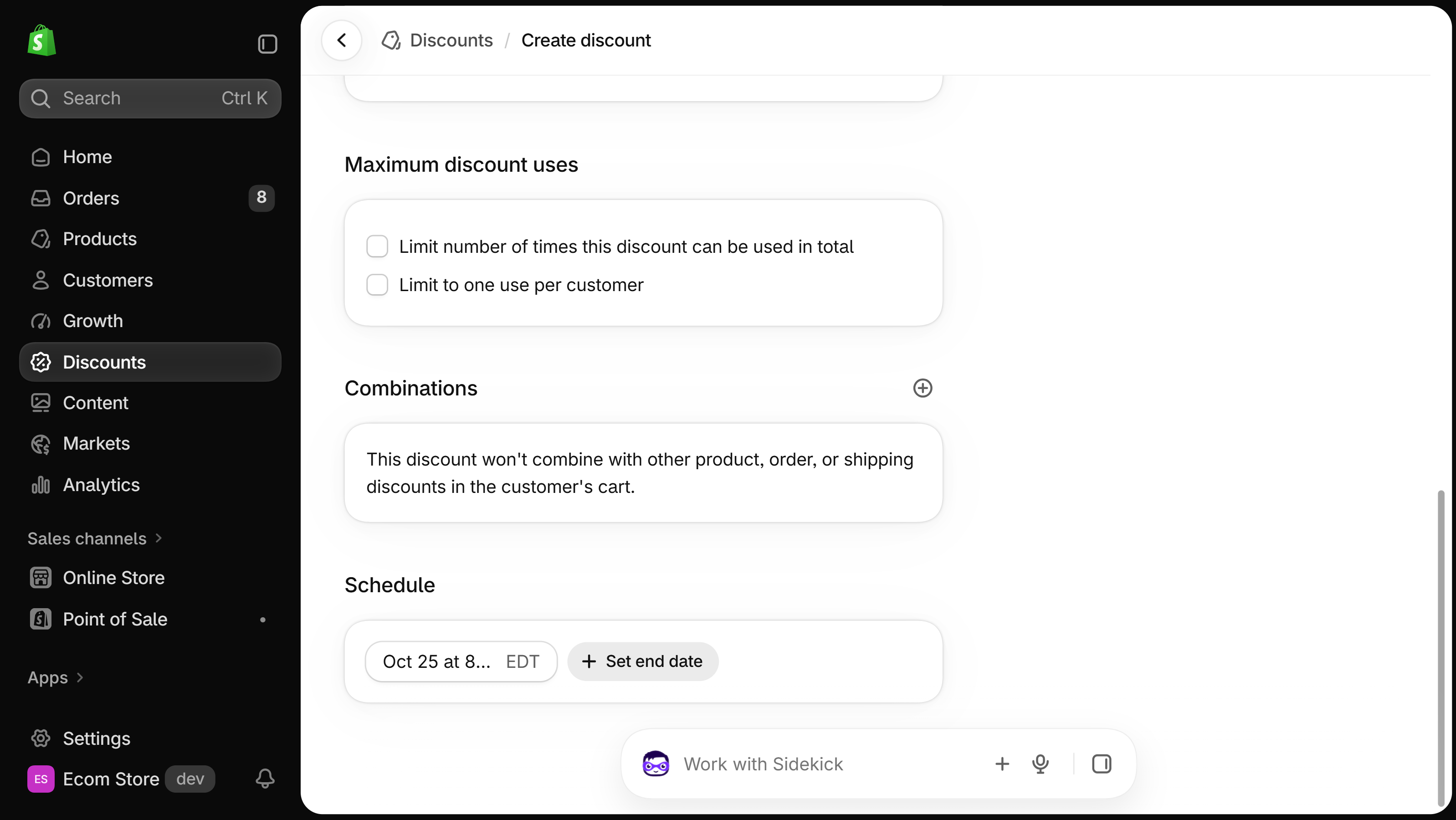 Create discount form scrolled to Maximum discount uses, Combinations and a Schedule card with a start date in EDT and a Set end date button.