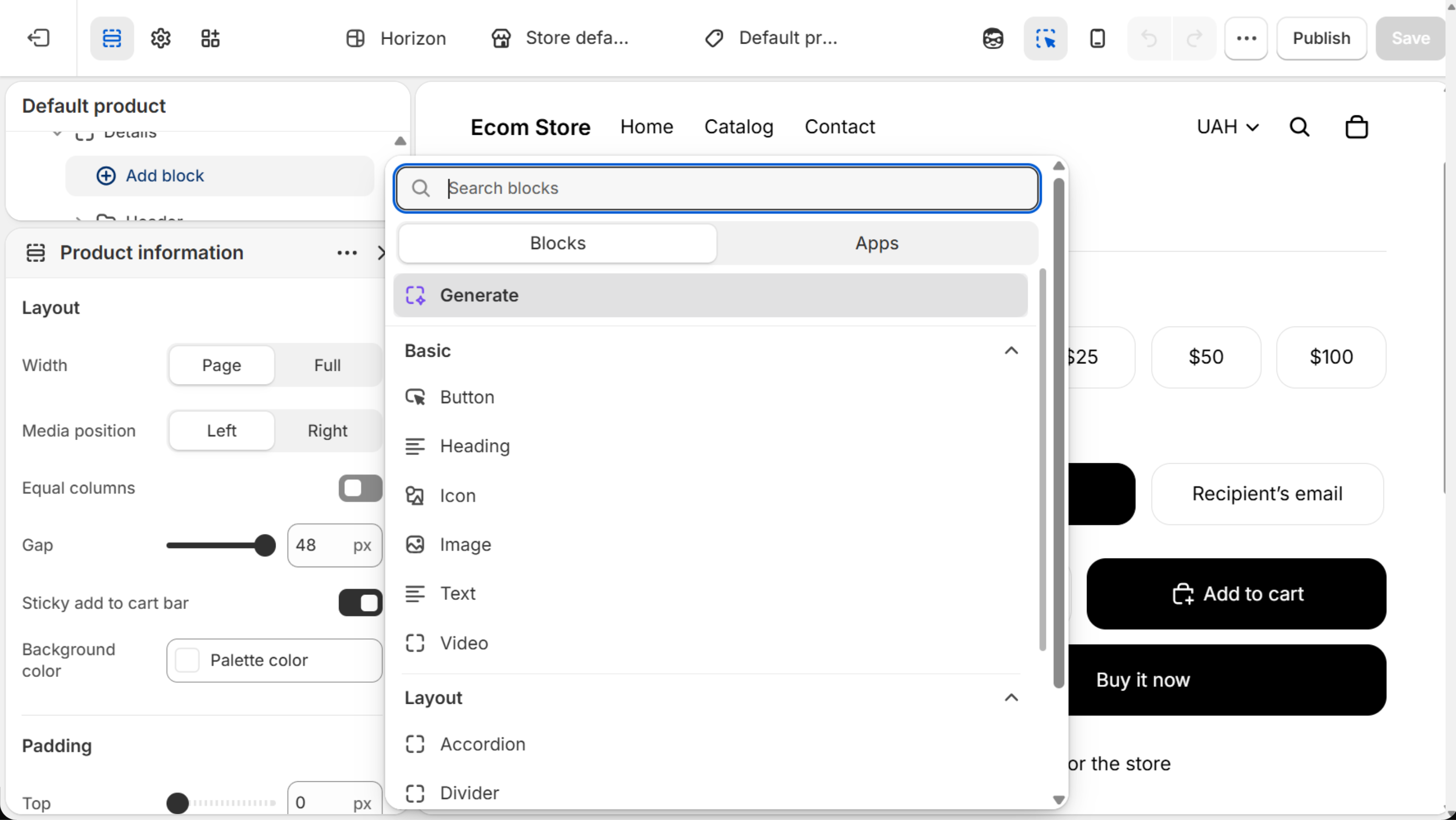 Horizon theme editor on the Default product template with the Product information section's Add block picker open: a Search blocks field, Blocks and Apps tabs, and Basic and Layout block groups.