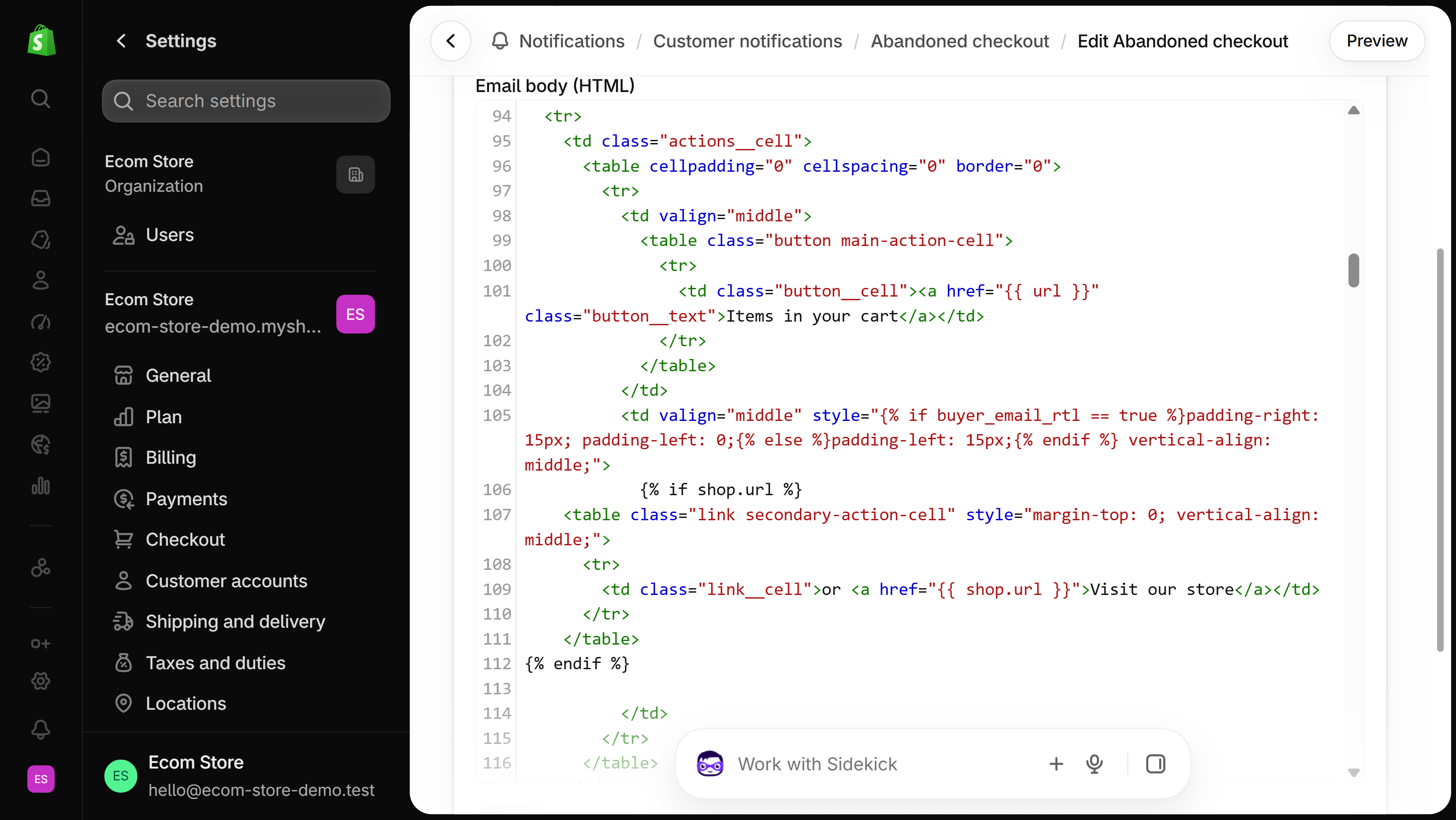 Abandoned checkout email code editor showing the Items in your cart link to {{ url }} and the Visit our store link to {{ shop.url }}