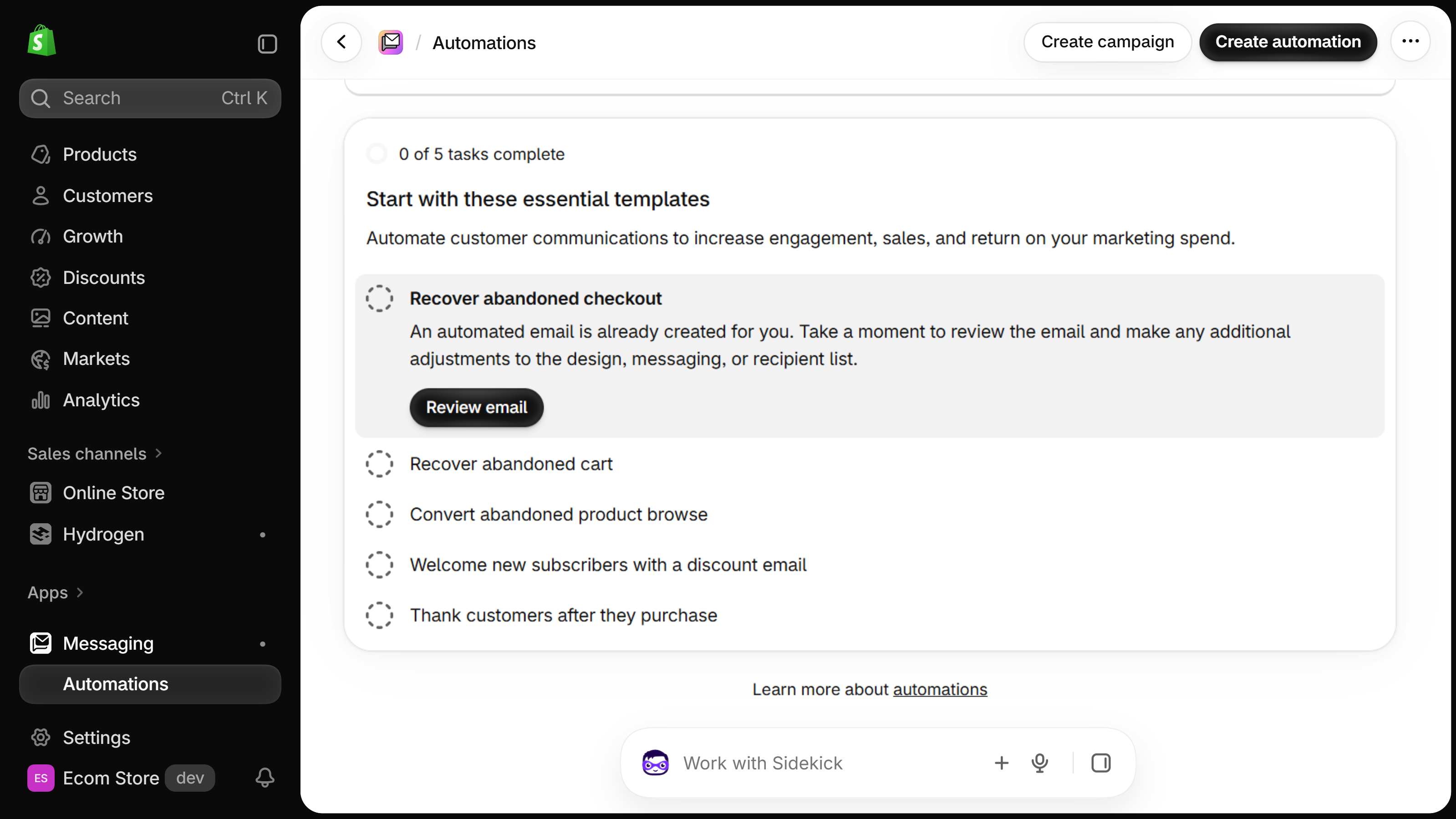 Shopify Messaging Automations page with the Recover abandoned checkout template and its Review email button