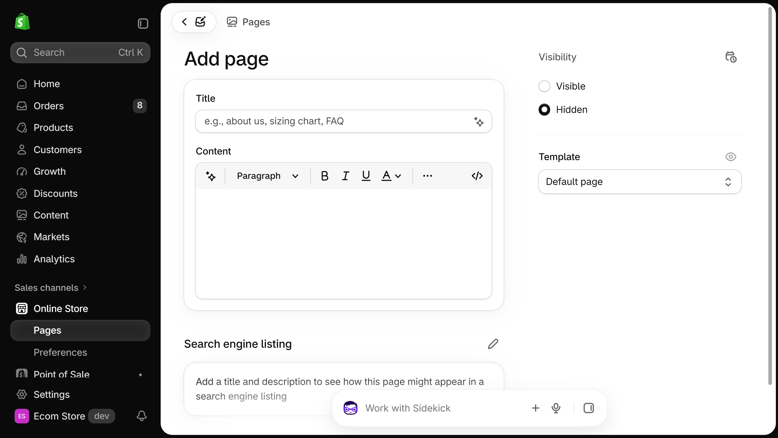 Add page form with Title, Content editor, Visibility and Template options