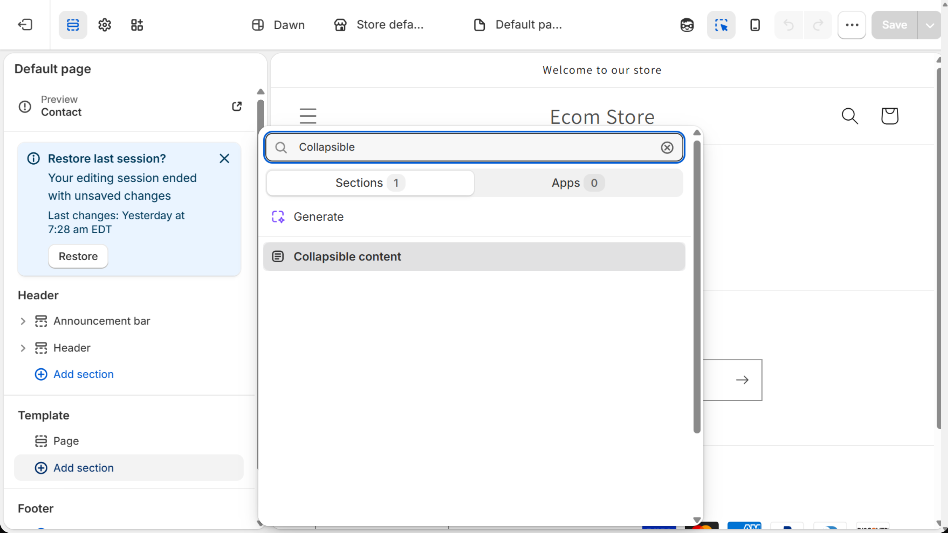 Dawn theme editor on the Default page template with the Add section picker searching for Collapsible and showing Collapsible content