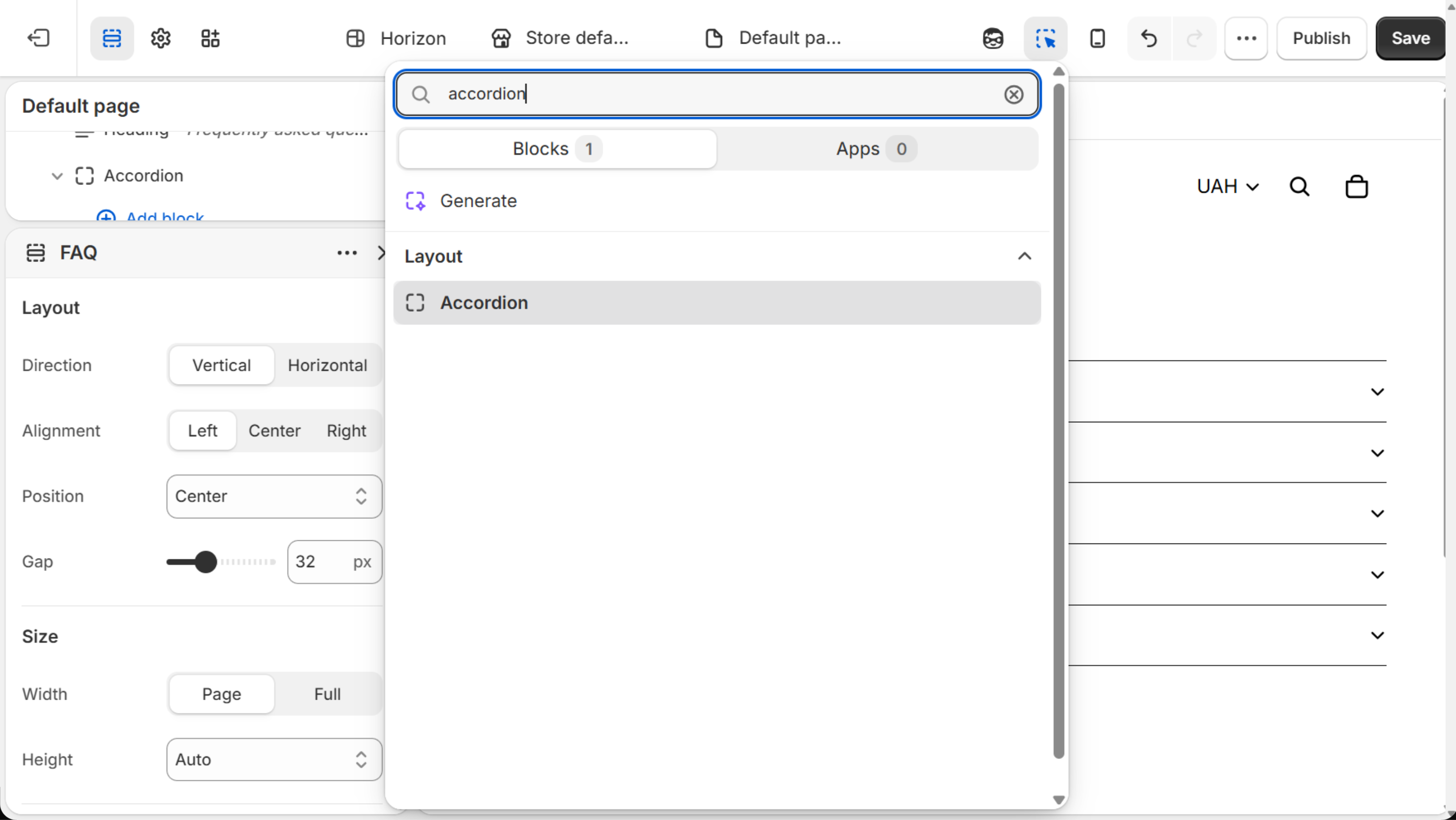 Horizon theme editor on the Default page template with a FAQ section open and the Add block picker searching for accordion and showing the Accordion block