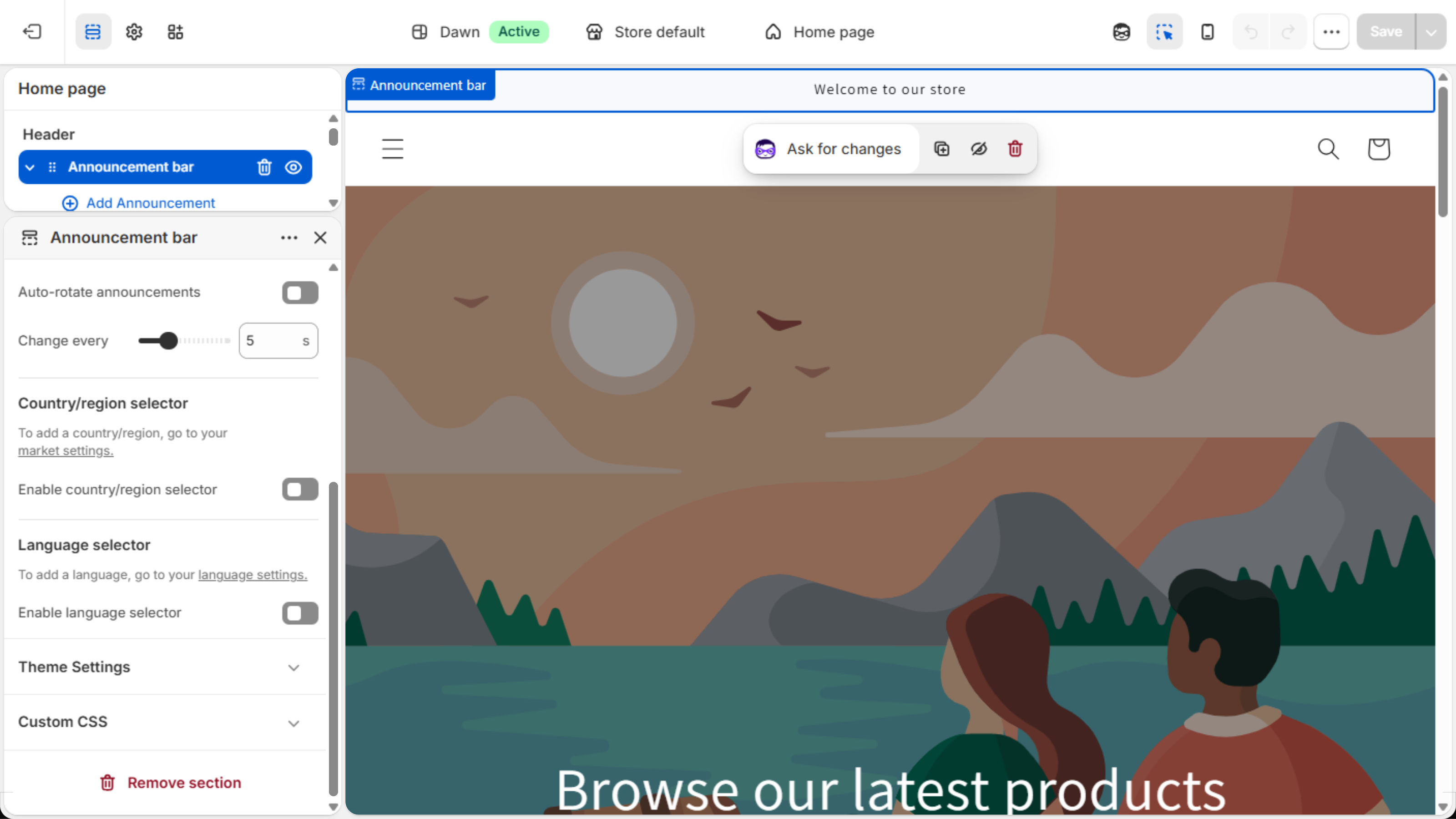 Dawn theme editor with the Announcement bar section open and its Enable country/region selector and Enable language selector toggles