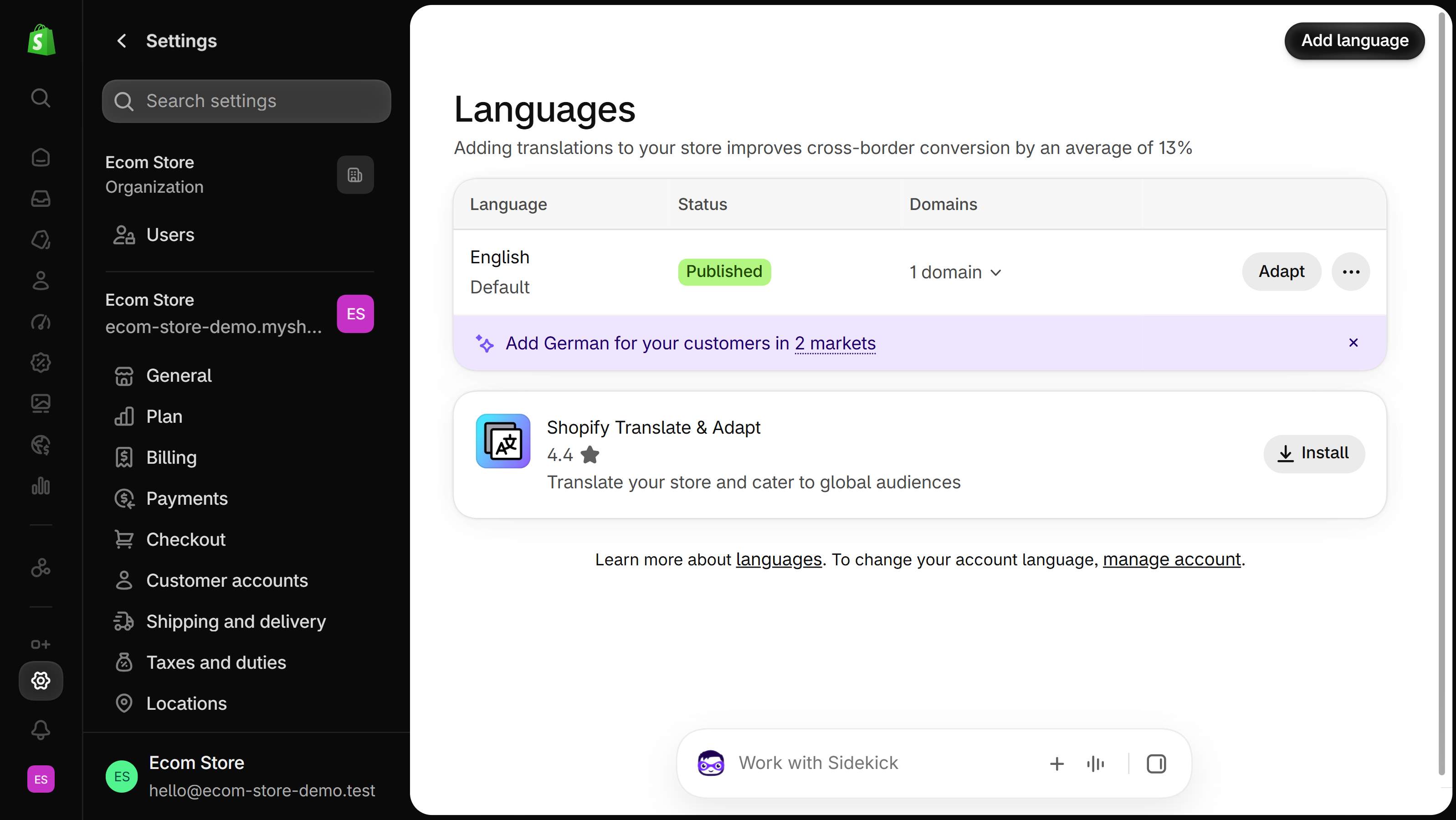 Settings, Languages page in the Shopify admin listing the store's languages and their published status