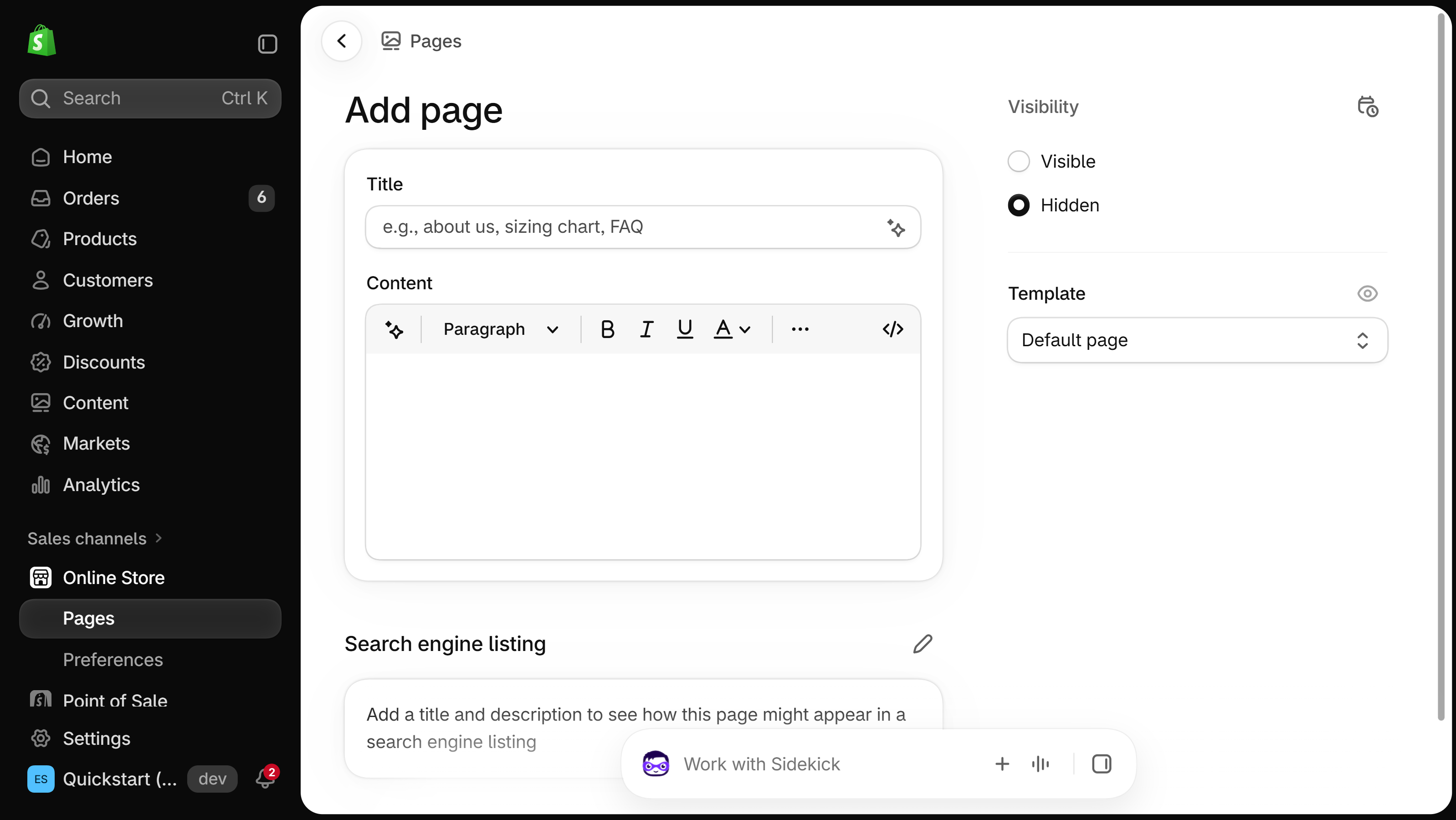 Unsaved Shopify Add page form with Title and Content fields, a Visibility card set to Hidden, a Template drop-down showing Default page, and the Search engine listing section.
