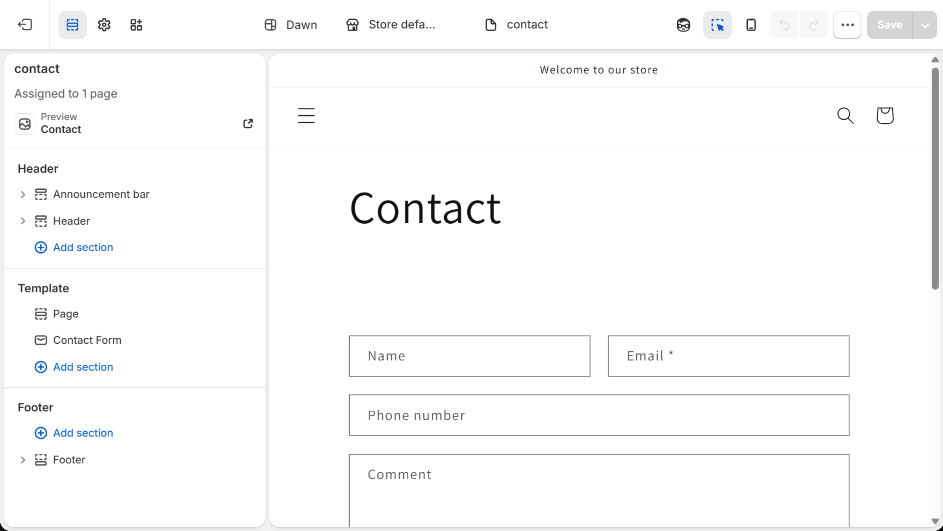 Theme editor open on a page template, with Header, Template and Footer groups in the sidebar and an Add section button under Template.