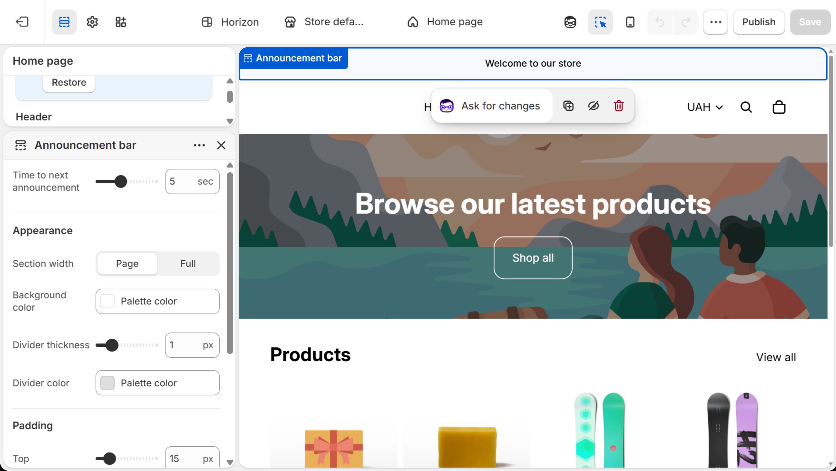 Horizon Announcement bar settings: a Time to next announcement slider at 5 seconds, then Appearance with Section width, Background color and divider options; the bar is highlighted in the preview.