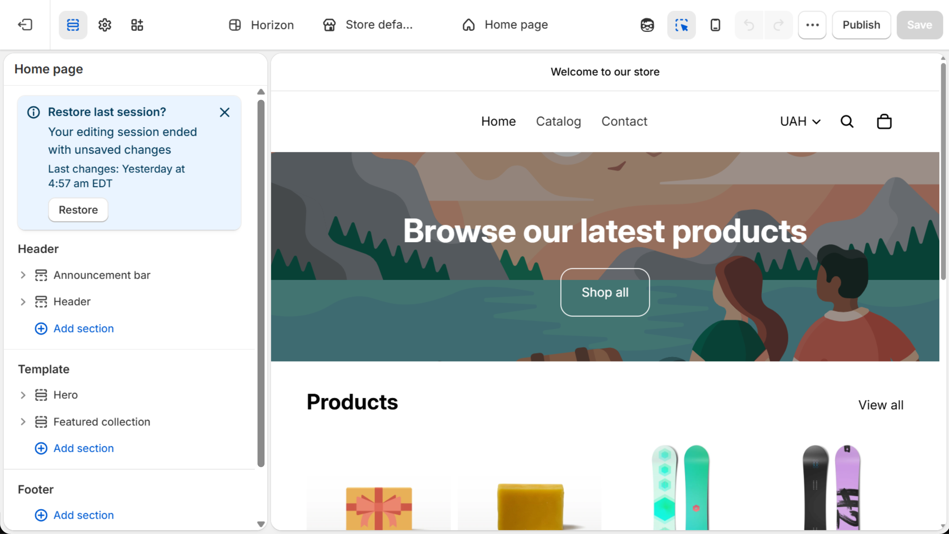 Horizon theme editor for the home page: the Header group lists Announcement bar above Header, with Template and Footer groups below and the storefront preview on the right.