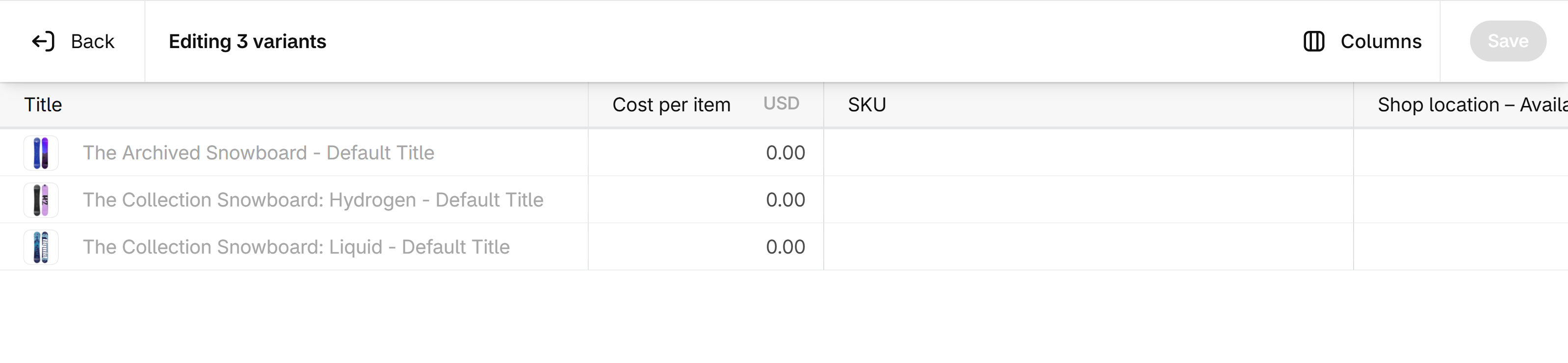 Shopify inventory bulk editor titled Editing 3 variants, with a Cost per item (USD) column for each variant