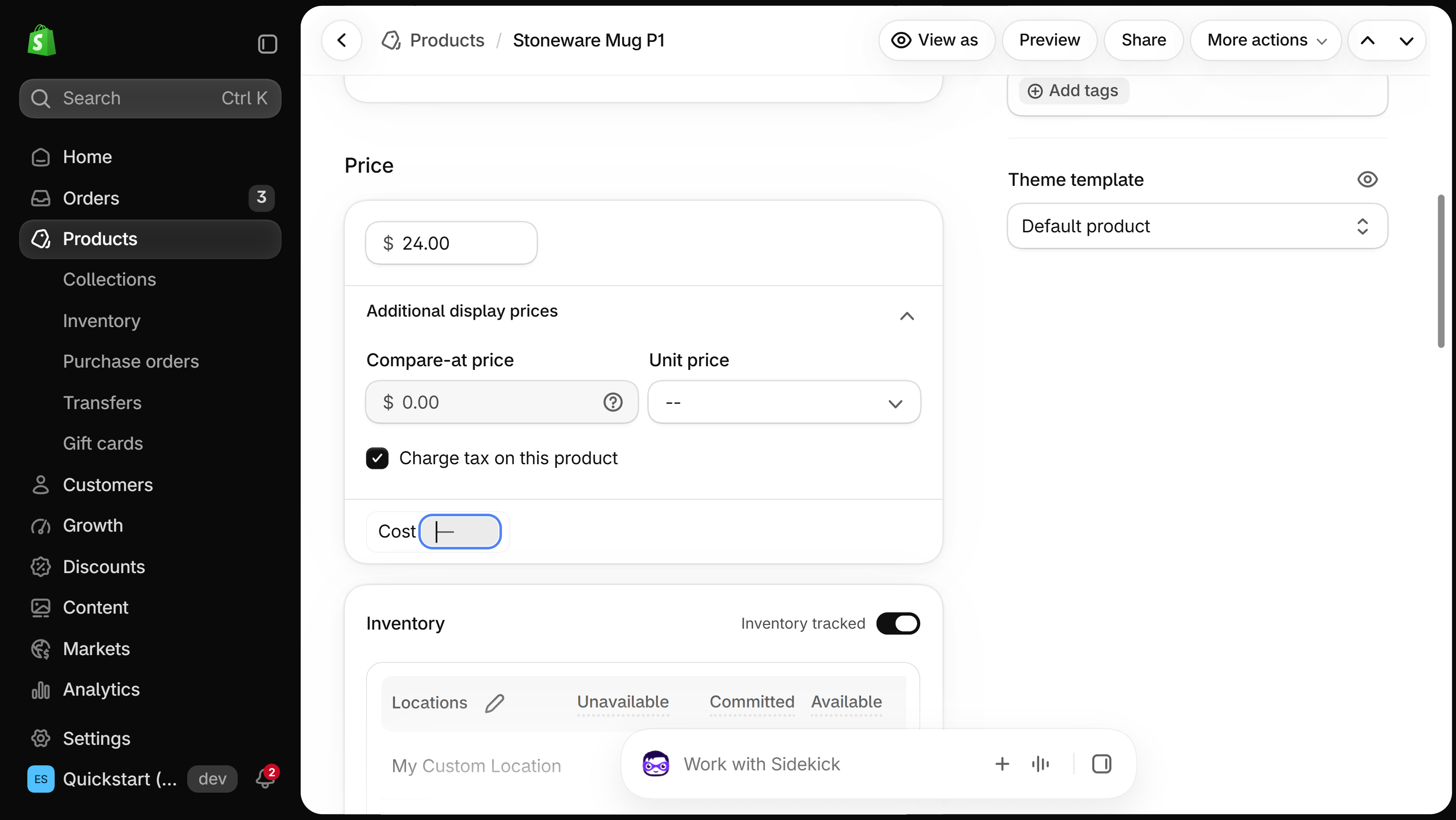 Shopify product page with the Price section open on the Cost field