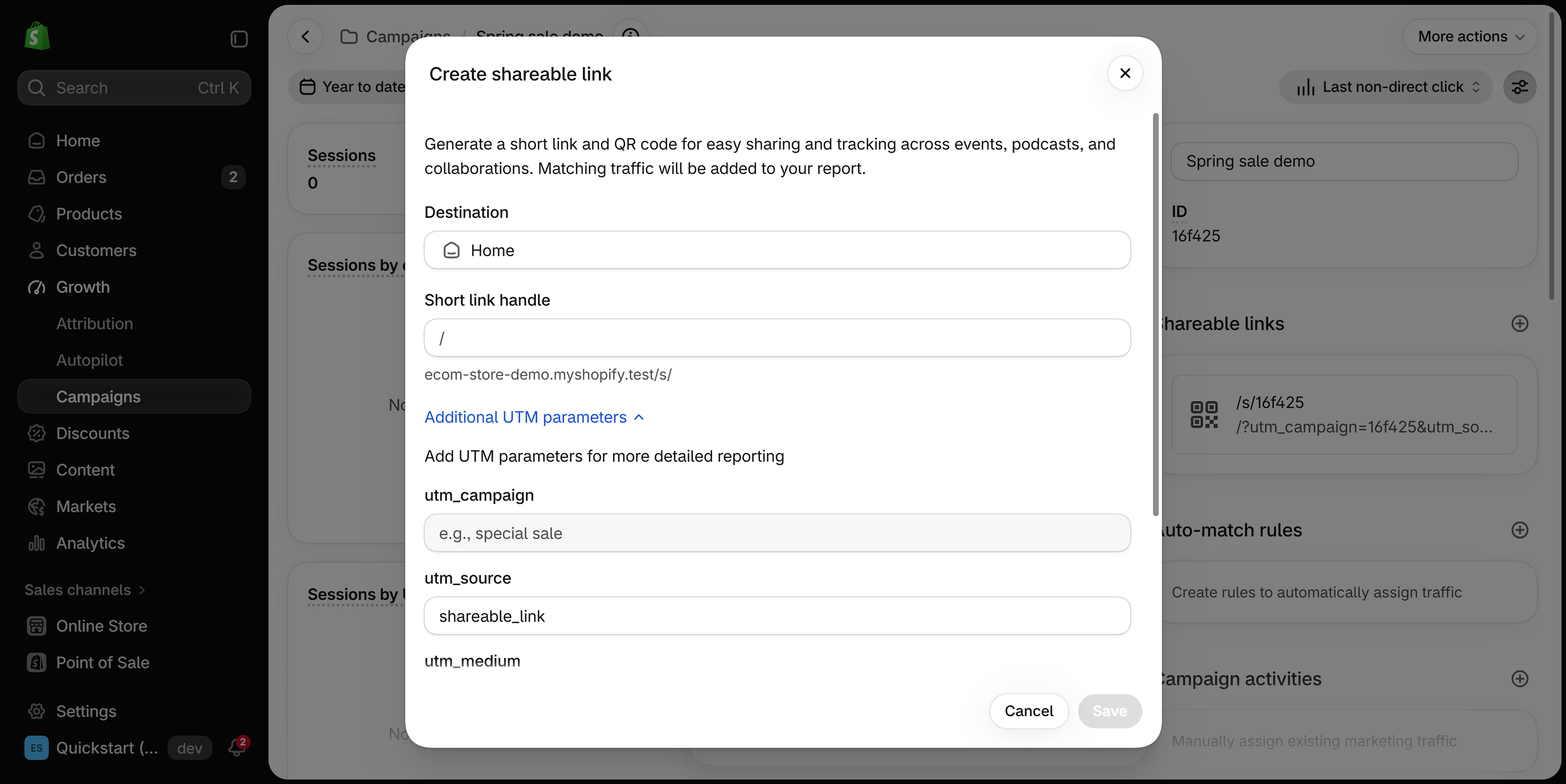 Create shareable link dialog with Destination, Short link handle and an open Additional UTM parameters section with utm_campaign, utm_source and utm_medium fields