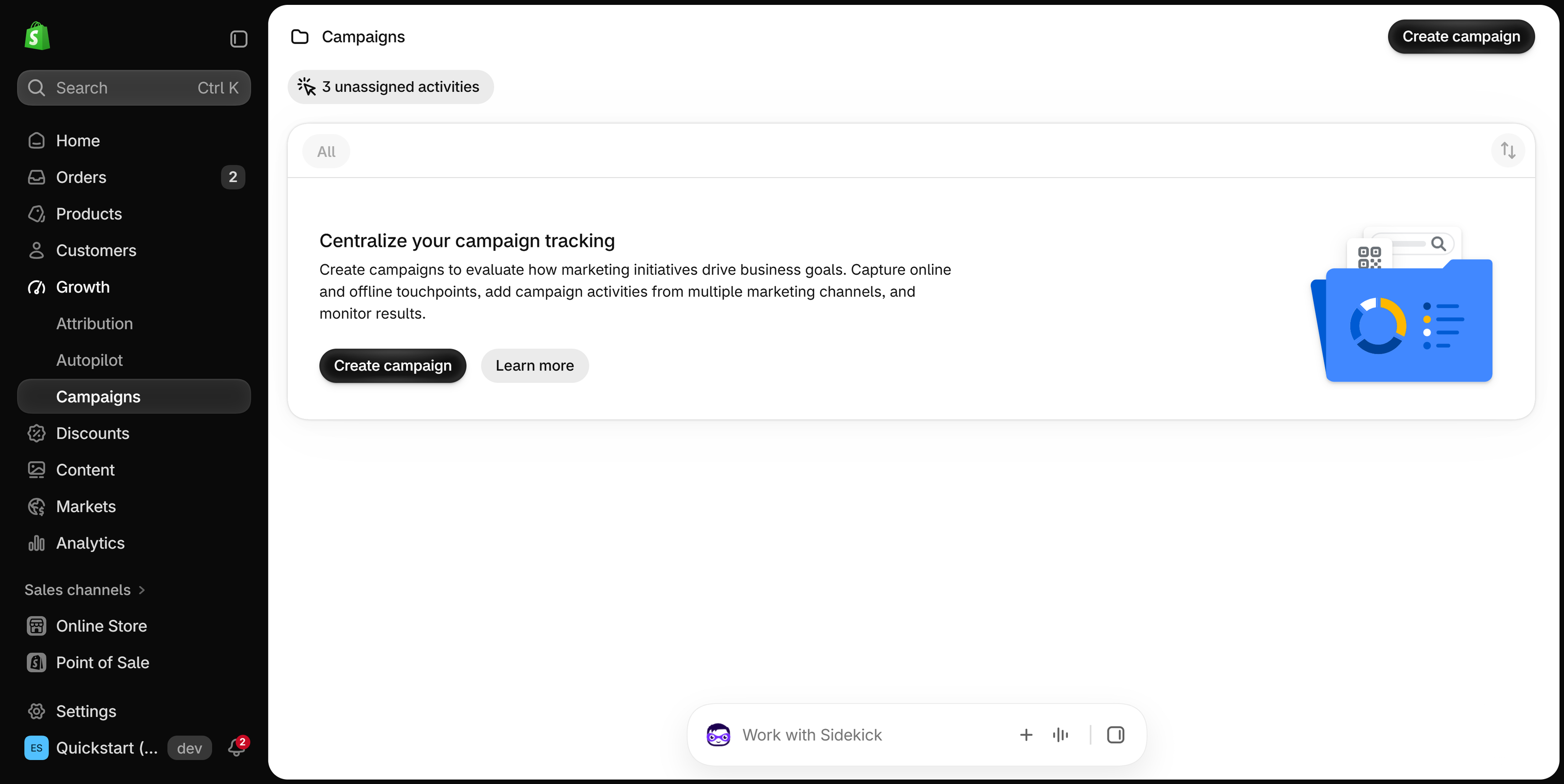 Campaigns page under Growth in the Shopify admin, with a Create campaign button and an empty campaign list