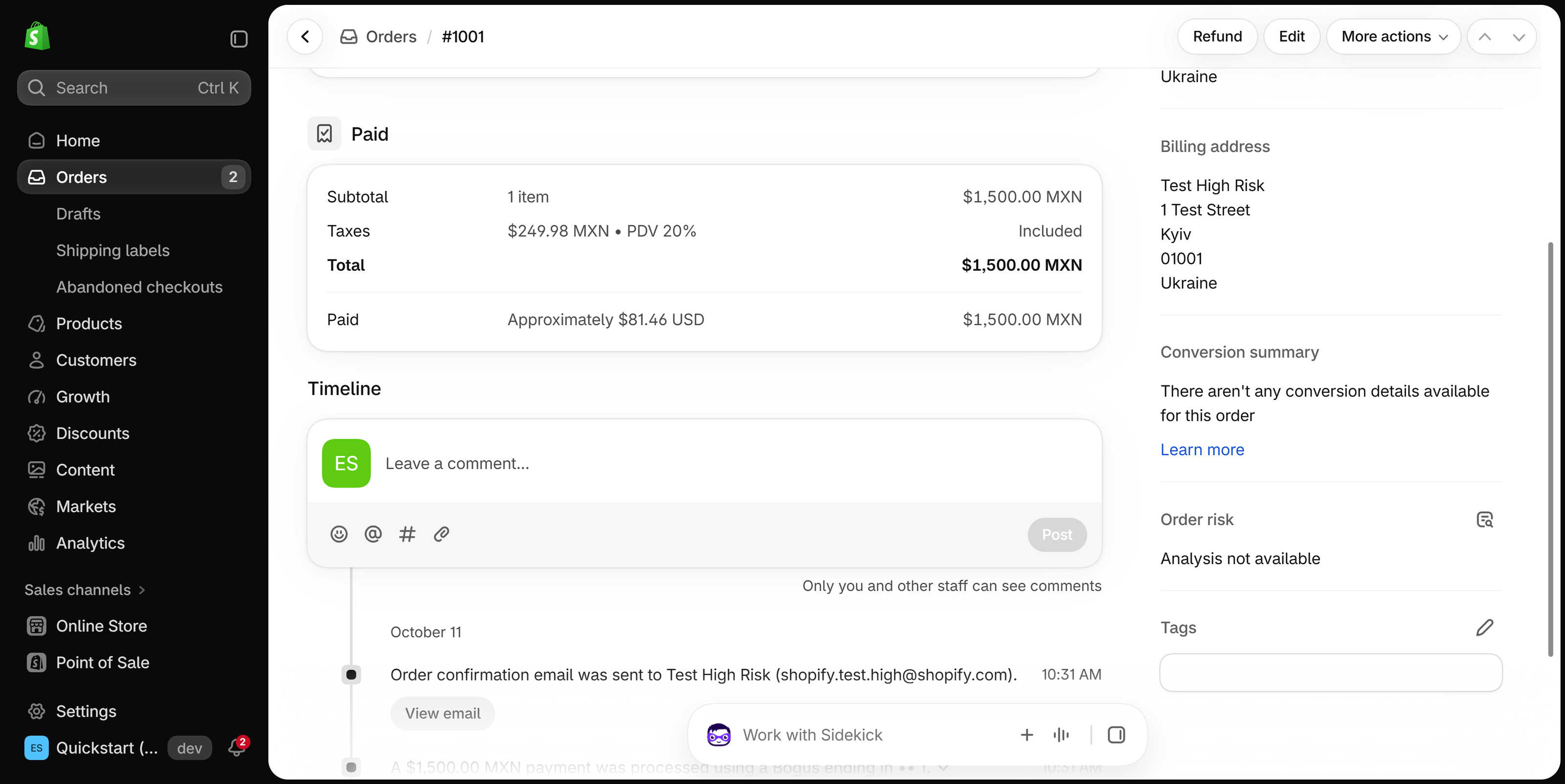 Order page in the Shopify admin with the Conversion summary card in the right column