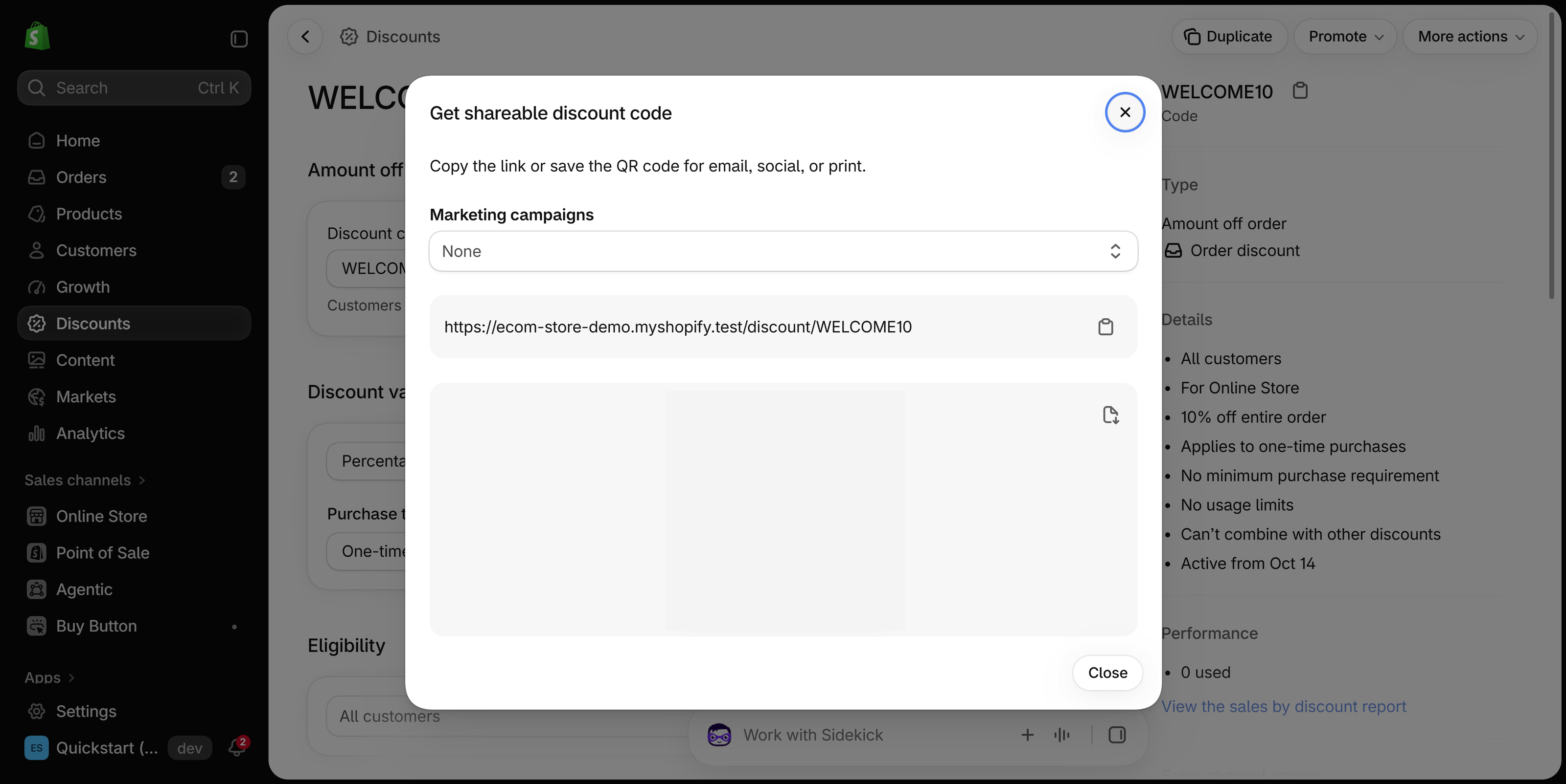 Get shareable discount code dialog with a Marketing campaigns drop-down set to None, the discount link and a blanked-out QR code area