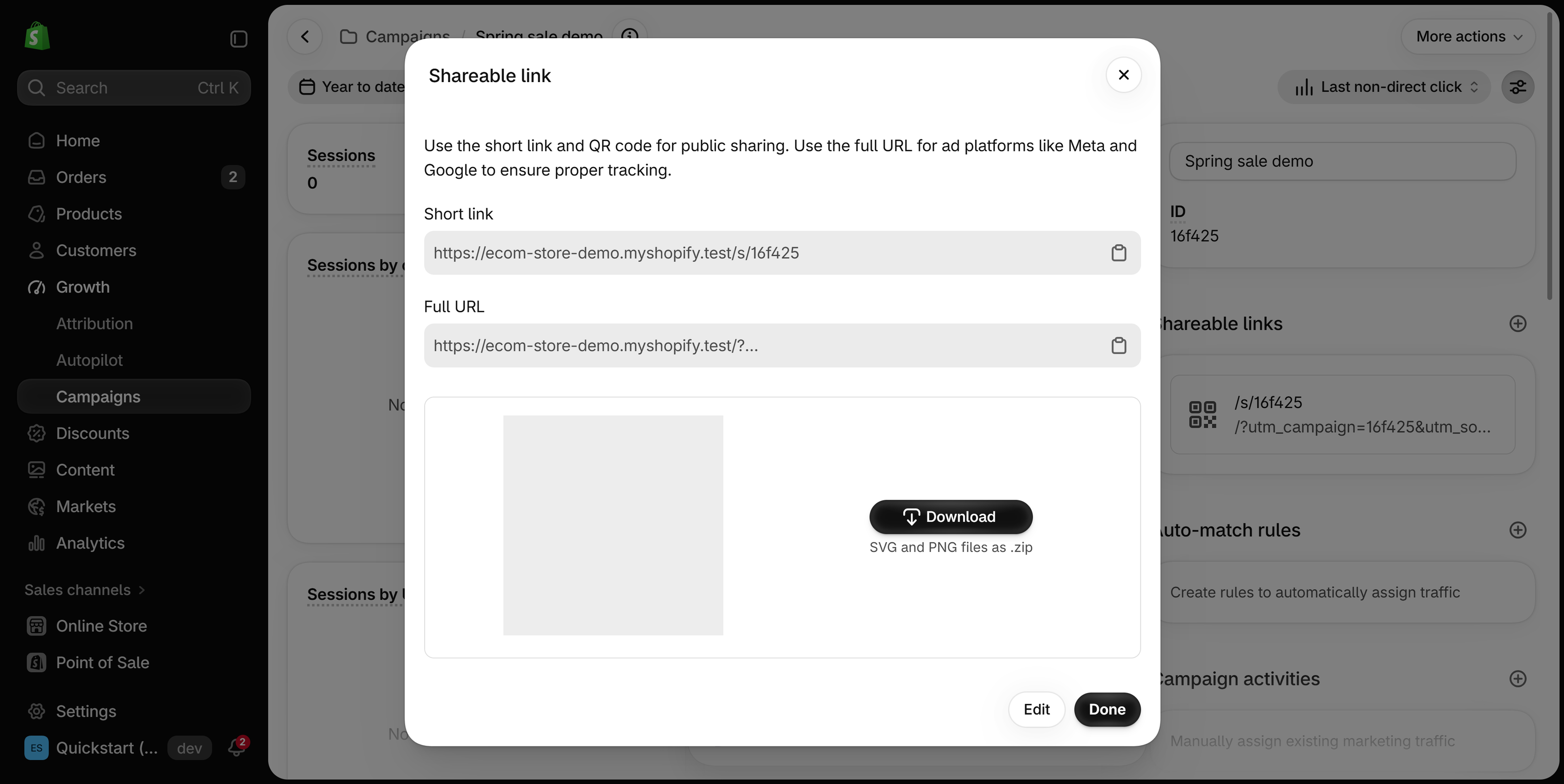 Shareable link dialog of a campaign with a short link, a full URL and a blanked-out QR code area