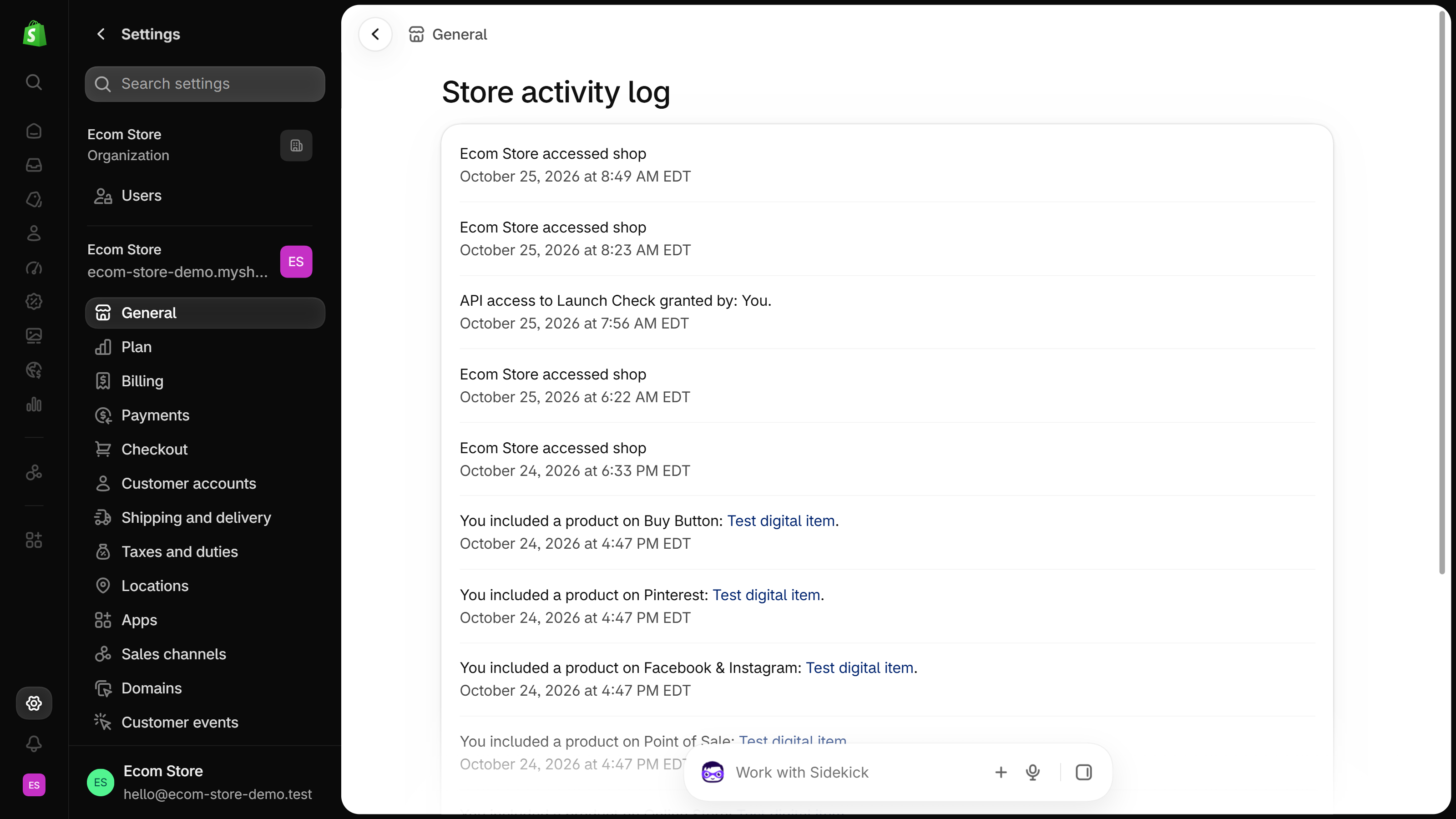 Shopify admin Settings with General selected and the Store activity log page open, listing dated events such as store access and products included on sales channels