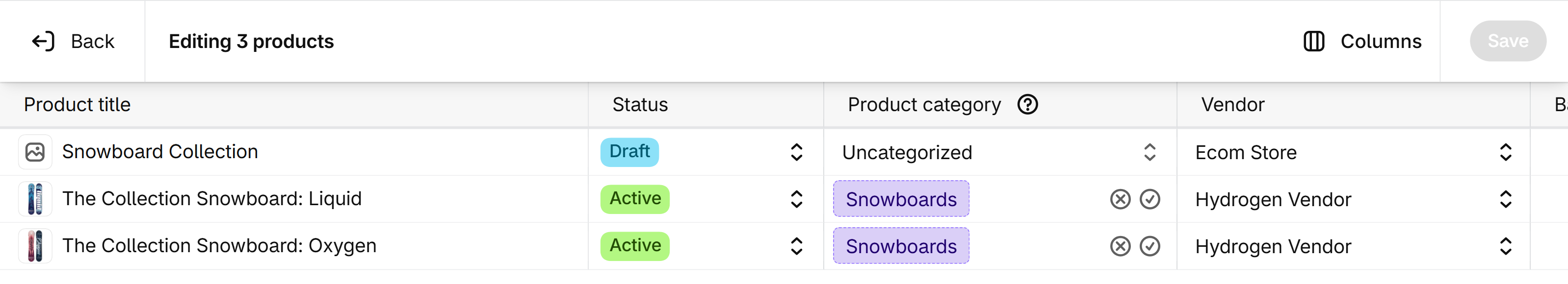 Shopify products bulk editor titled Editing 3 products, with Product title, Status, Product category and Vendor columns, a Columns button and an inactive Save button