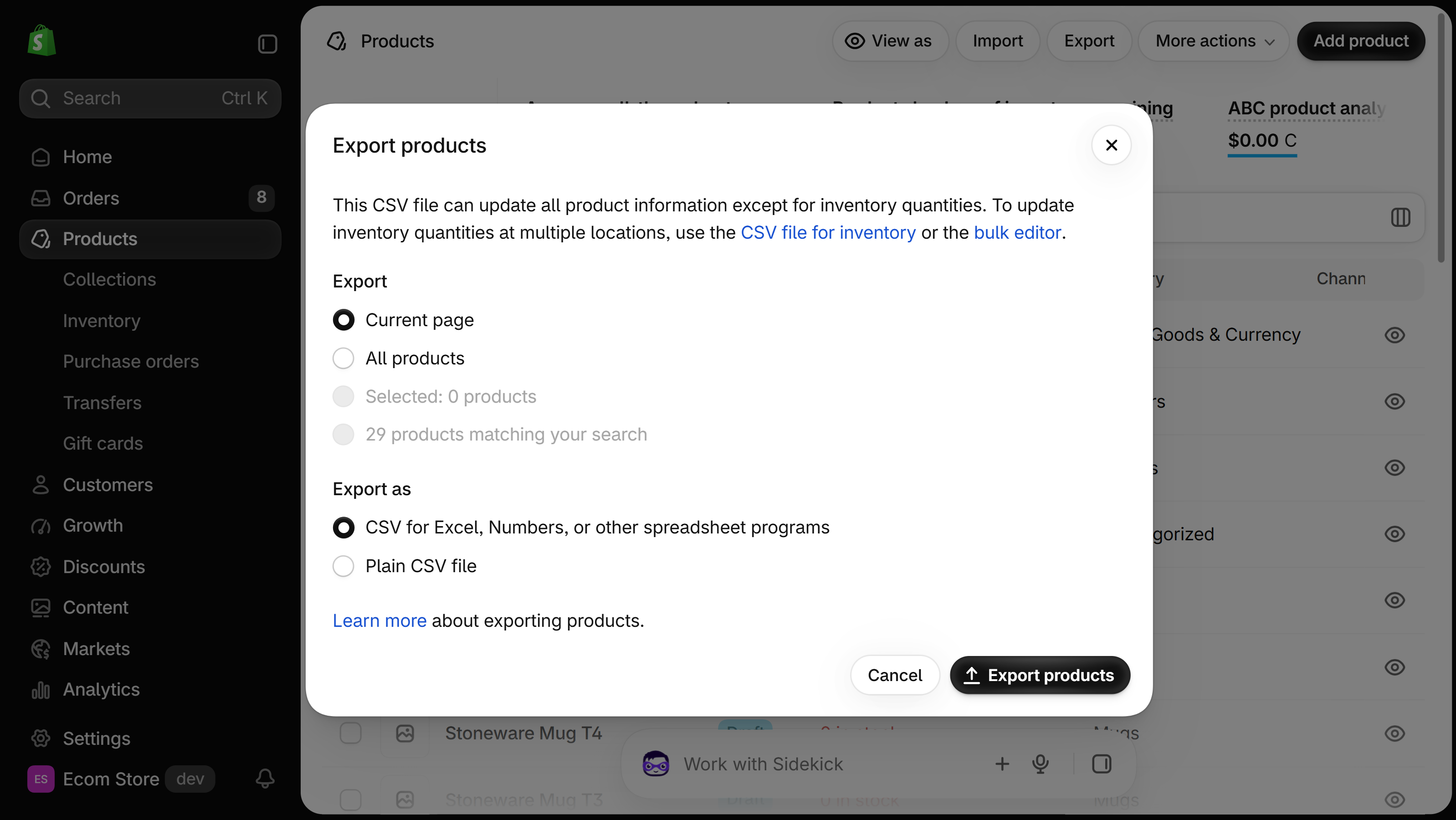 Shopify Export products dialog with options Current page, All products, Selected and products matching your search, and Export as options CSV for Excel, Numbers, or other spreadsheet programs or Plain CSV file