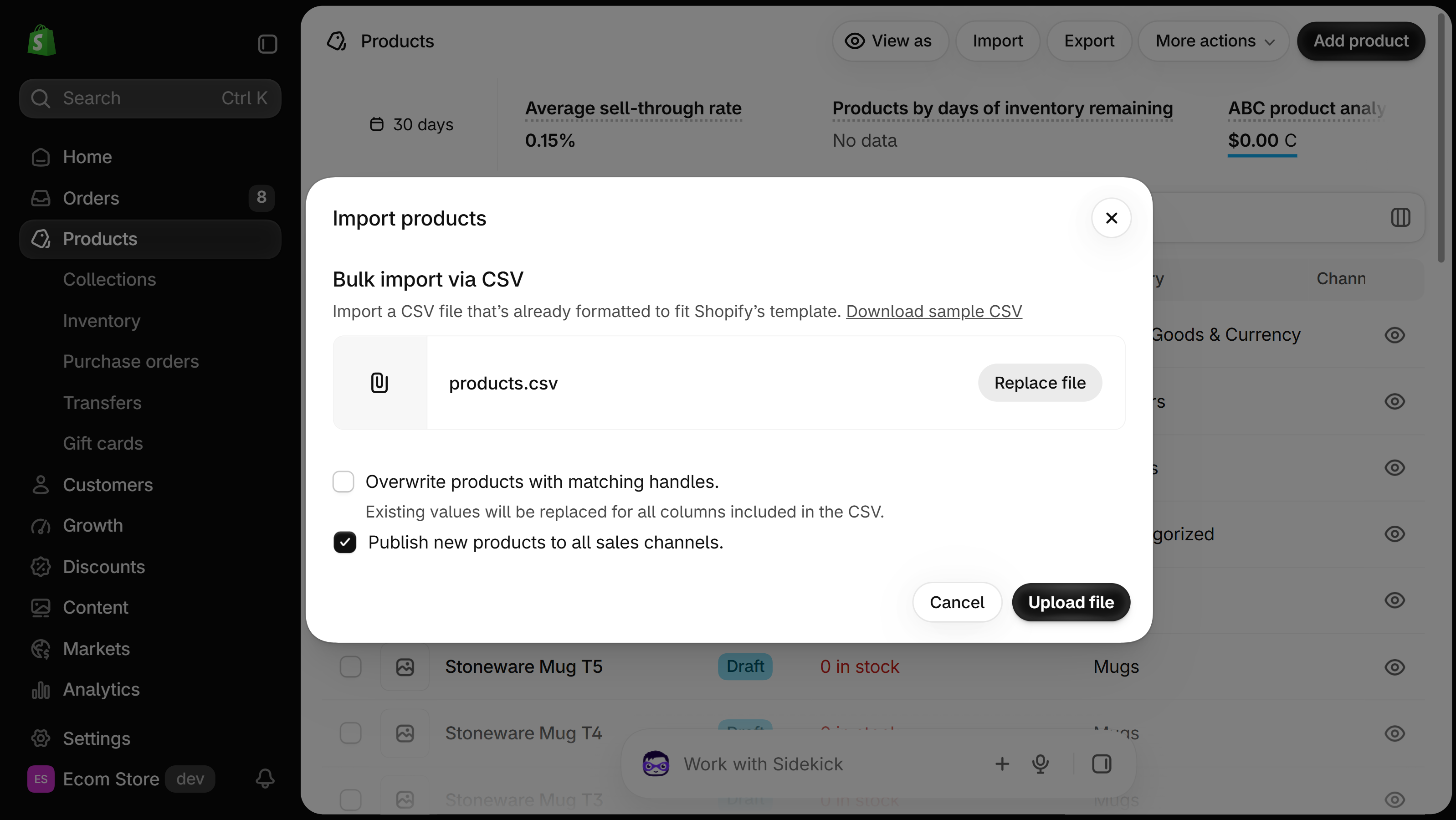 Shopify Import products dialog with a file named products.csv attached, an unticked checkbox Overwrite products with matching handles with the hint Existing values will be replaced for all columns included in the CSV, a ticked Publish new products to all sales channels box, and Cancel and Upload file buttons