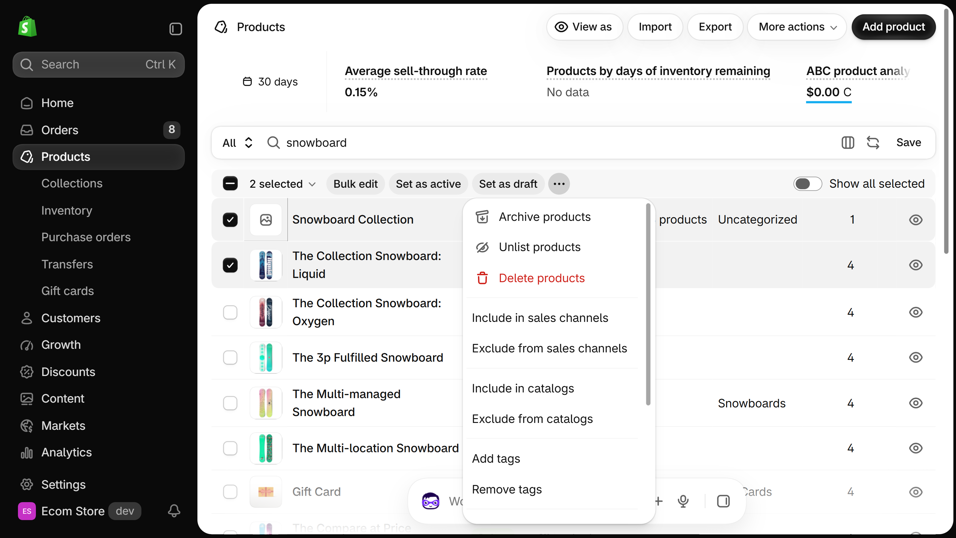 Shopify admin Products list with two products selected and the three-dot menu open, listing Archive products, Unlist products, Delete products, Include in sales channels, Exclude from sales channels, Include in catalogs, Exclude from catalogs, Add tags and Remove tags
