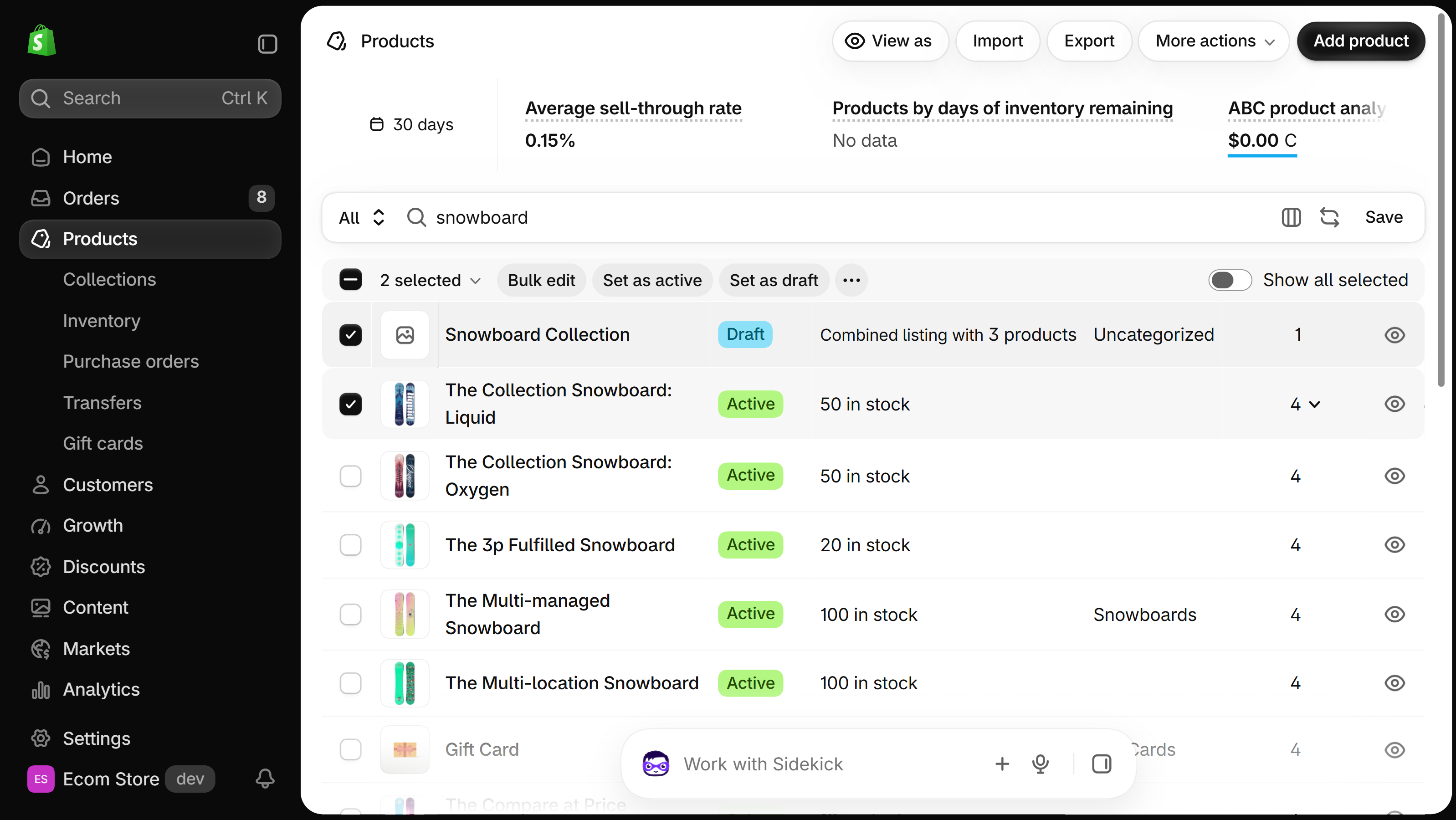 Shopify admin Products list filtered by the word snowboard, with two products ticked and a bar above the list reading 2 selected, with Bulk edit, Set as active, Set as draft and a three-dot button