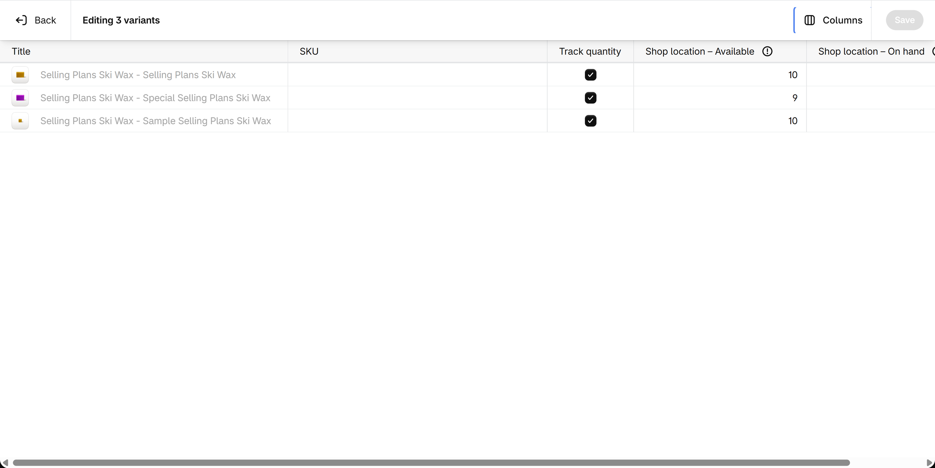 Inventory bulk editor with a Track quantity checkbox column added