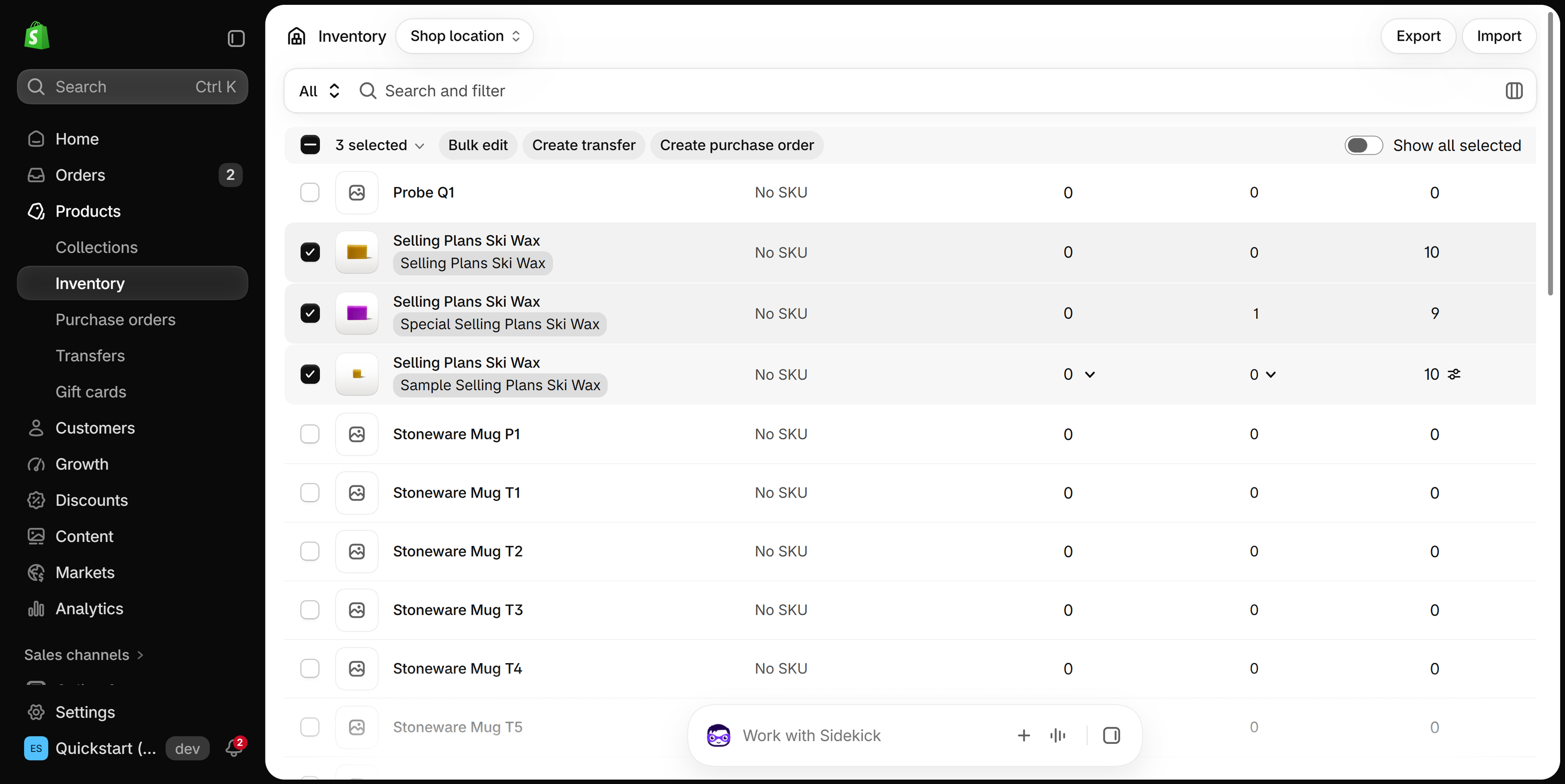 Inventory page with three variants selected and the Bulk edit button in the selection bar