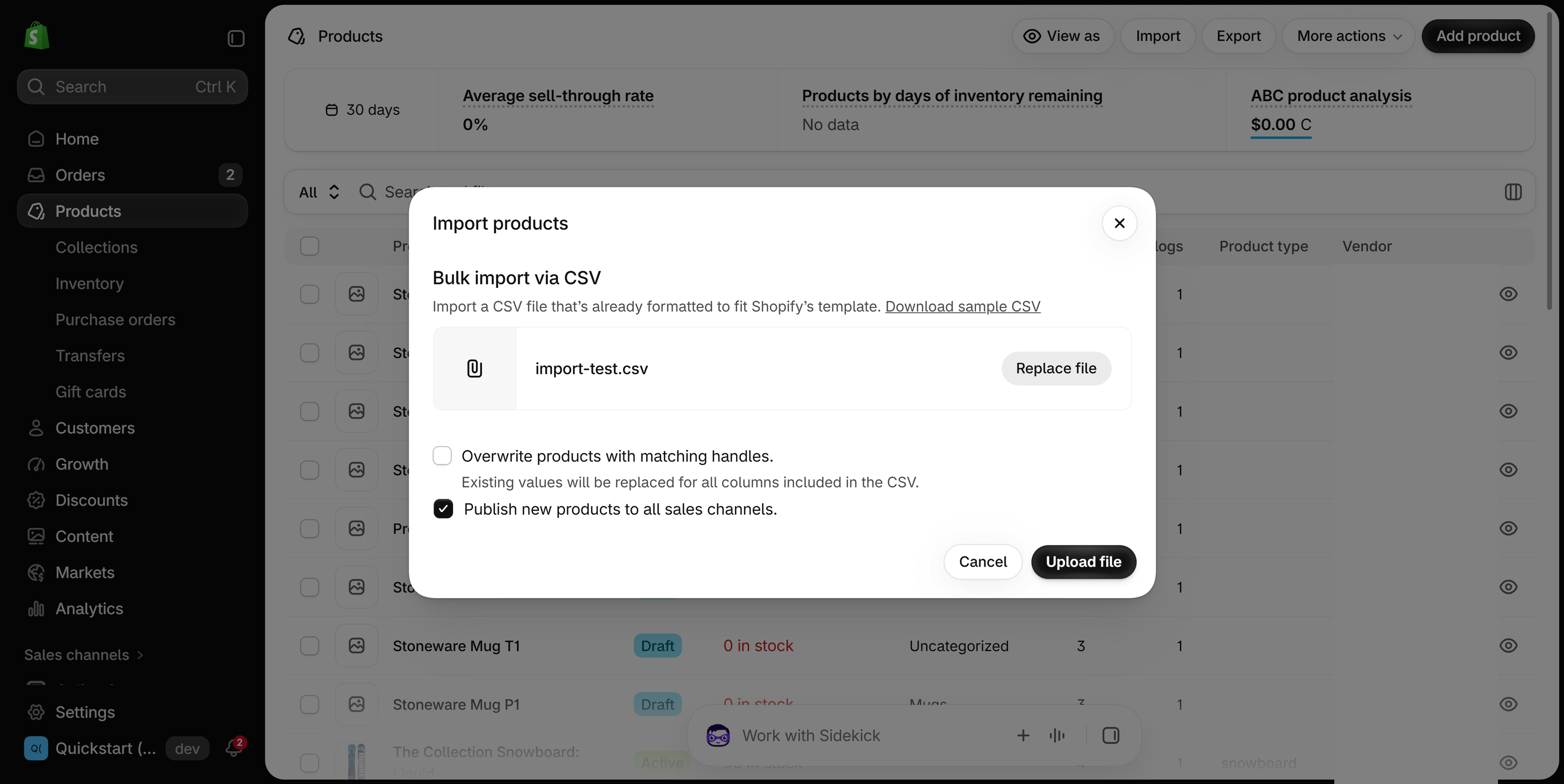 Import products dialog with a CSV file chosen and the Overwrite products with matching handles checkbox