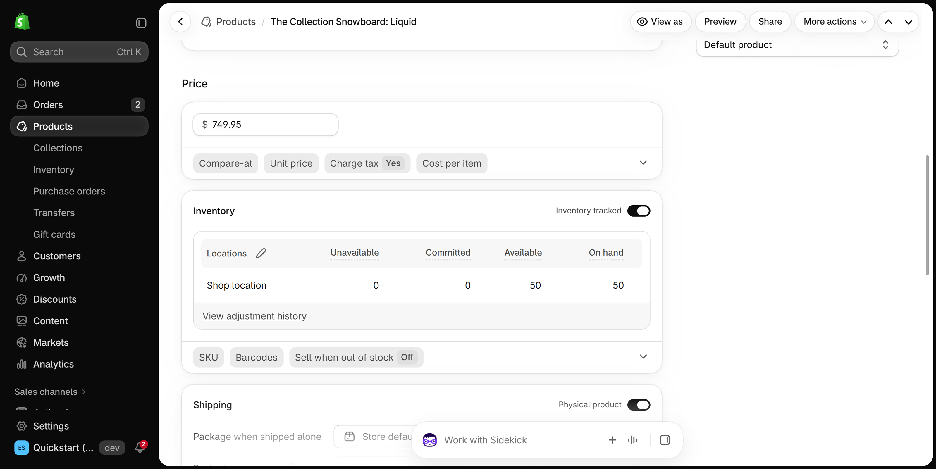 Product page Inventory card with the Inventory tracked switch turned on