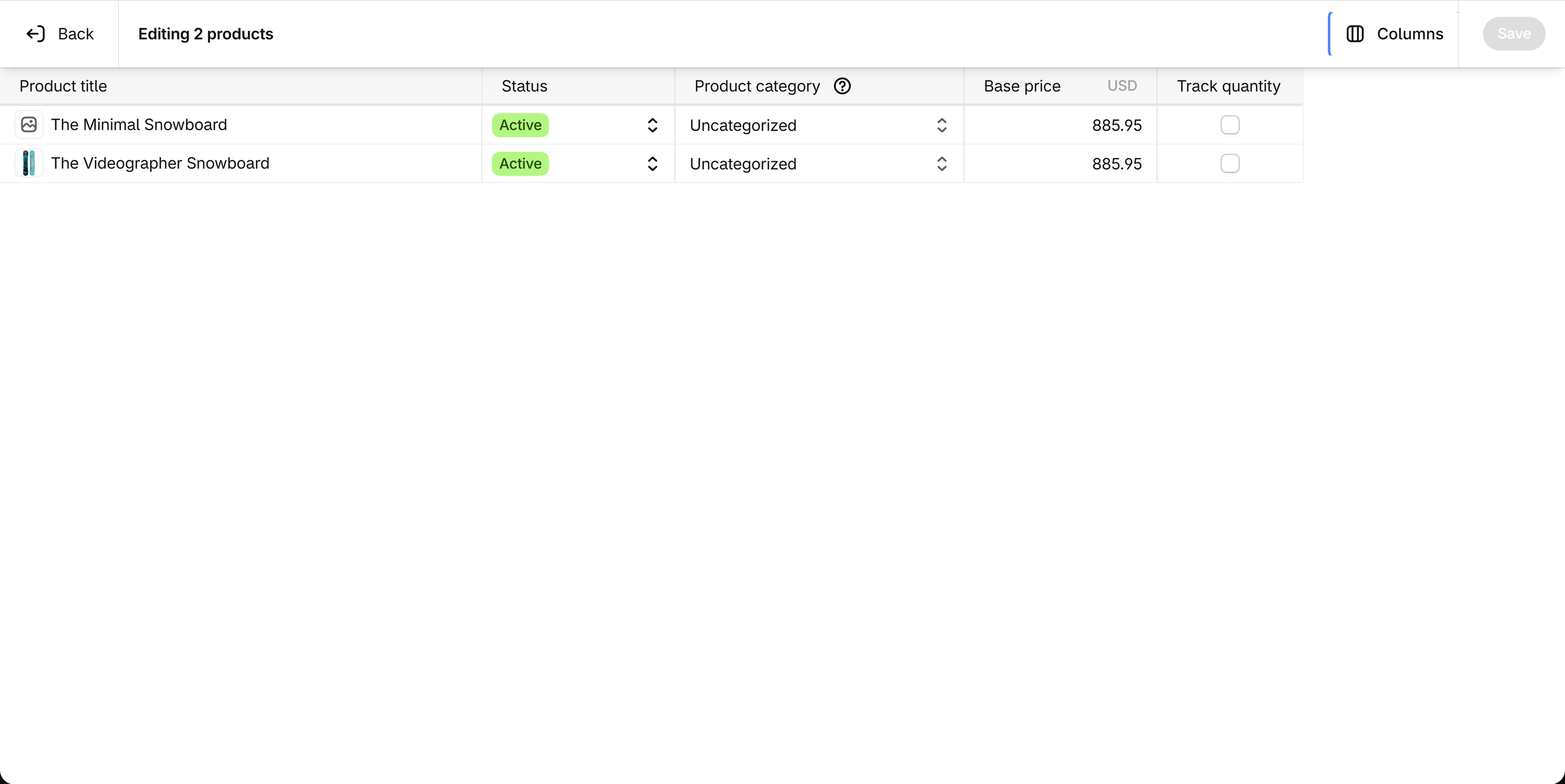 Products bulk editor with an empty Track quantity checkbox for two untracked products