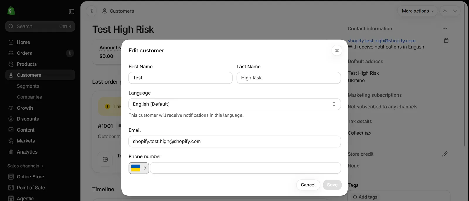 Edit customer dialog with First Name, Last Name, Language, Email and Phone number fields.