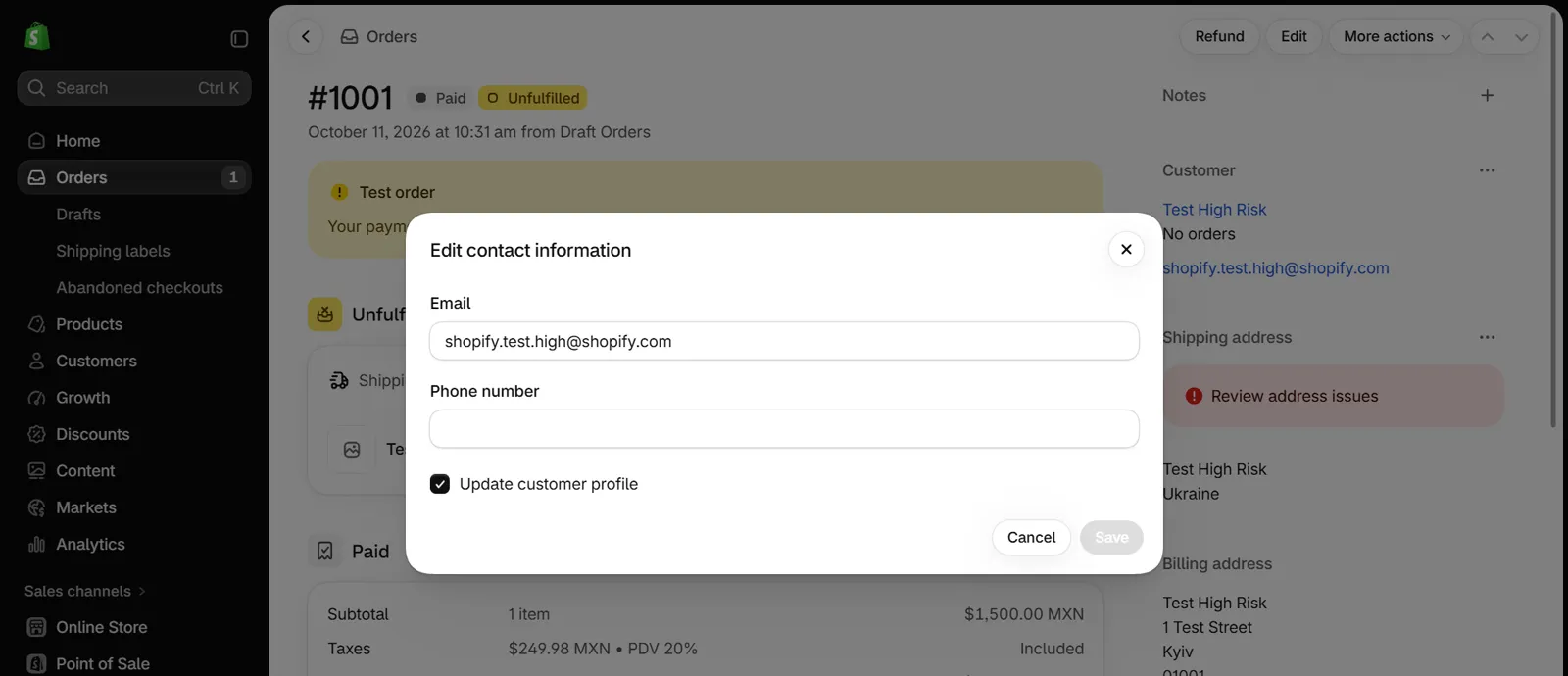 Order contact dialog with Email, Phone number and the Update customer profile checkbox.