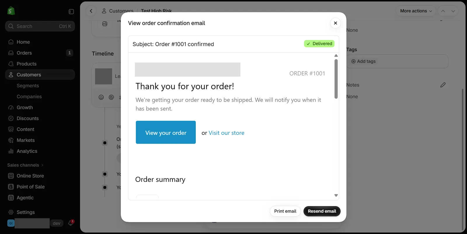 View order confirmation email dialog for order #1001 with Print email and Resend email buttons.
