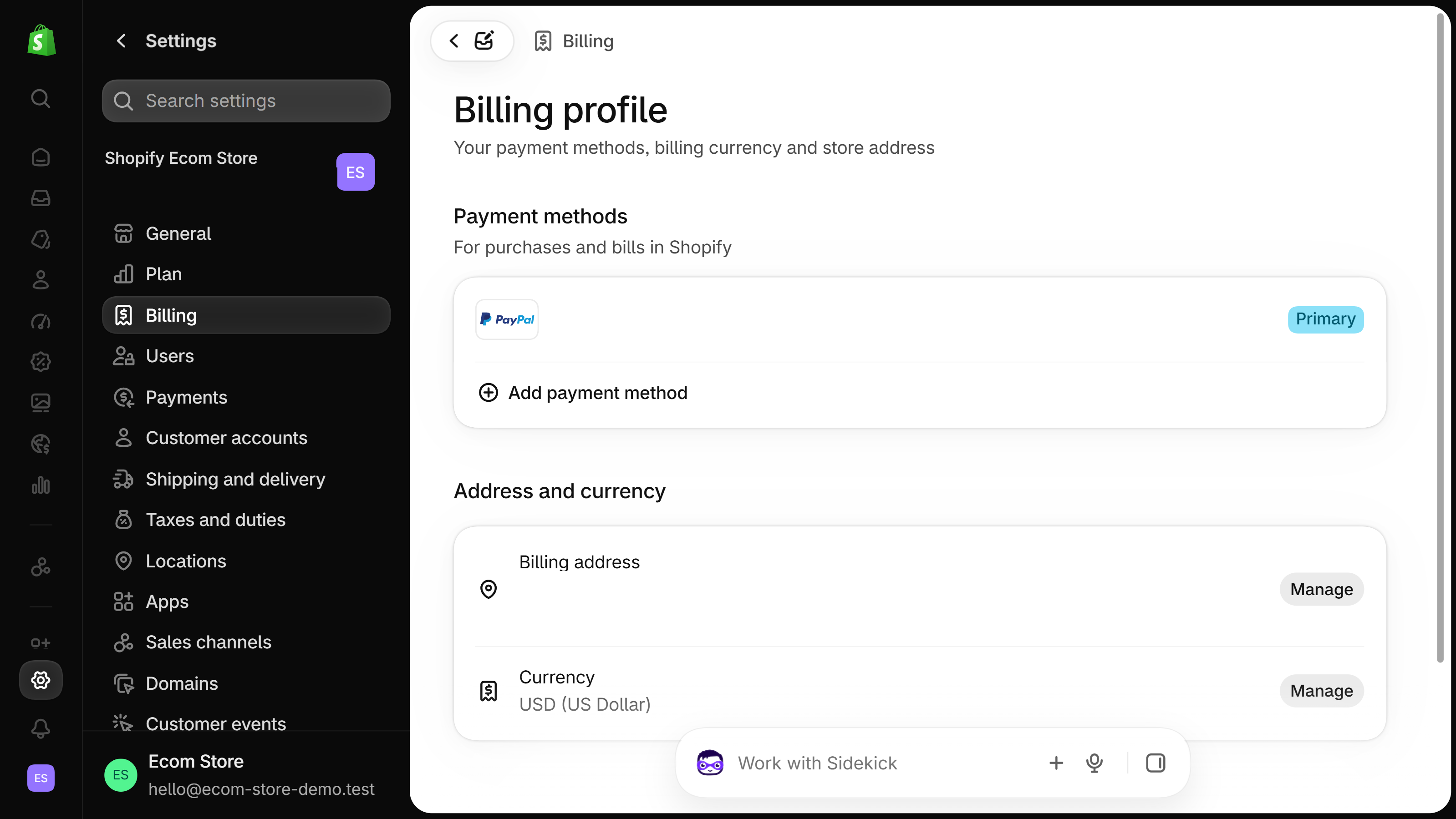 Shopify admin Billing profile page with an Address and currency section listing Billing address and Currency, each with a Manage button
