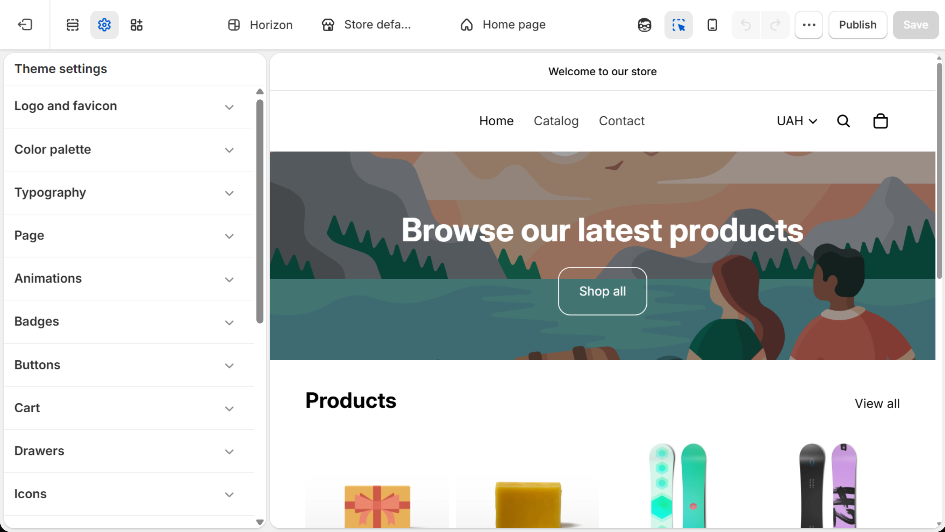 Horizon theme editor with the Theme settings gear highlighted and a list of sections: Logo and favicon, Color palette, Typography, Page, Animations, Badges, Buttons, Cart, Drawers and Icons.