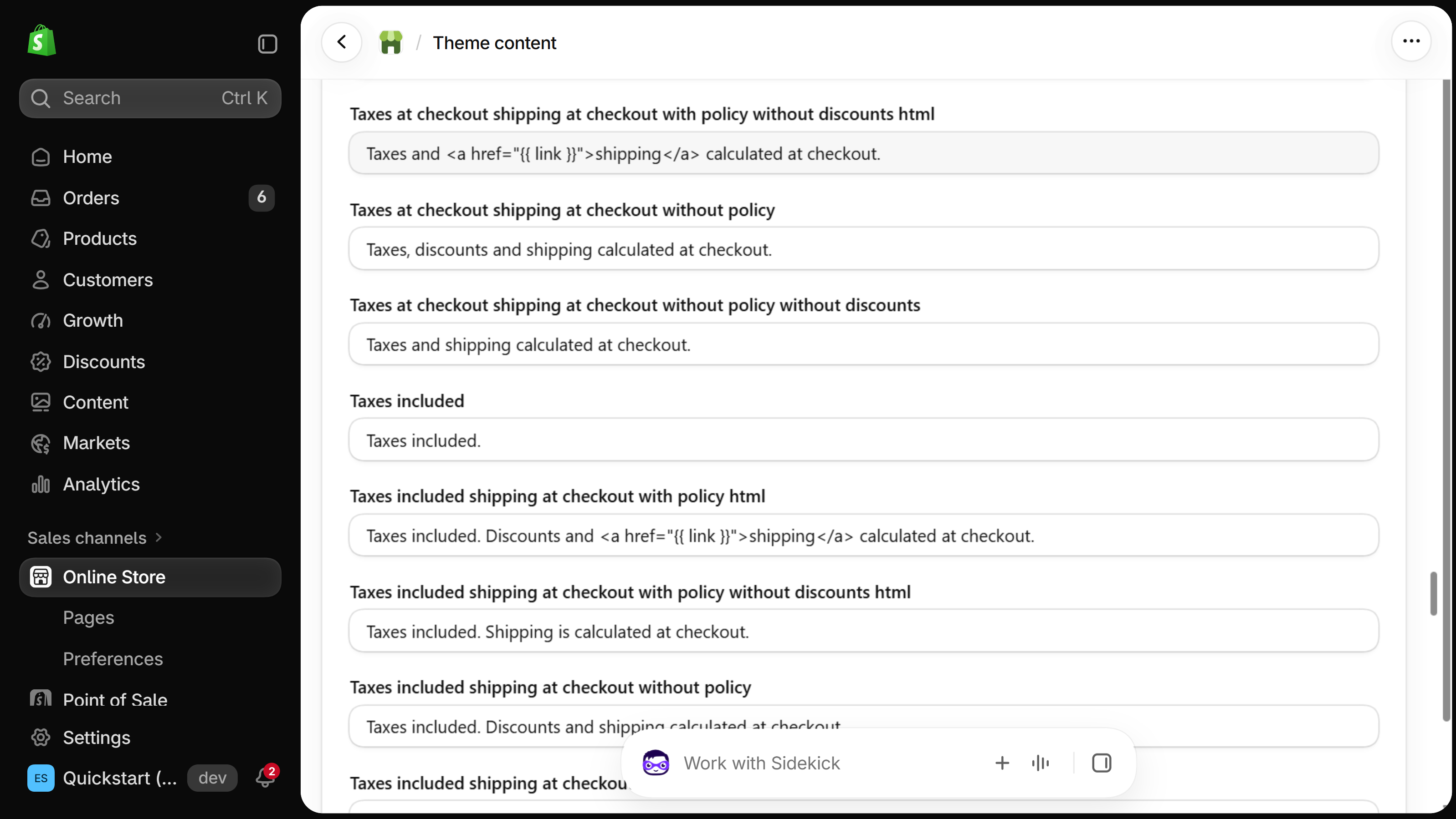 Theme content page for a Horizon theme, listing cart fields such as Taxes and shipping calculated at checkout and its Taxes included versions