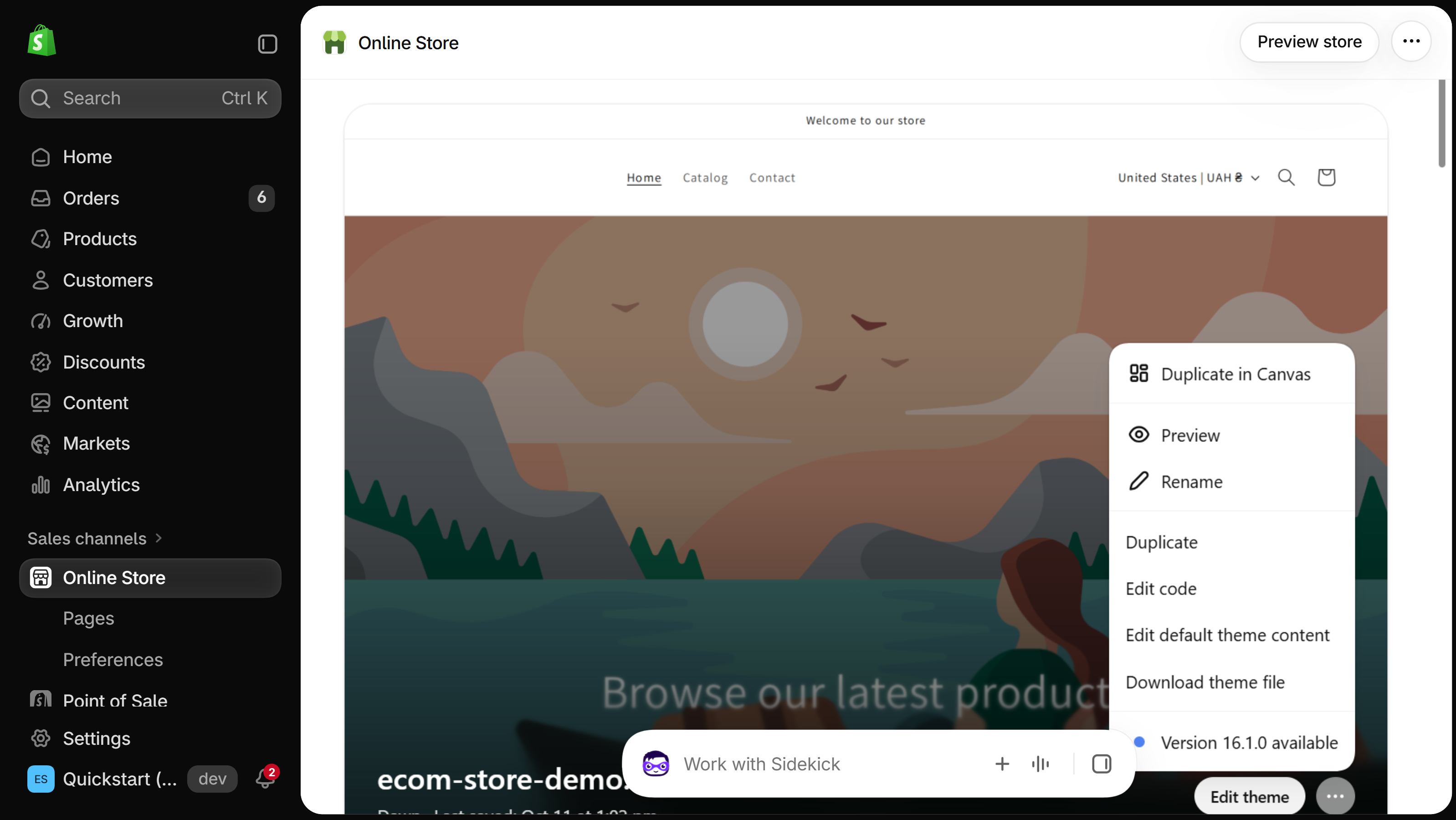 Online Store page in the Shopify admin with the actions menu open next to the theme, listing Edit default theme content