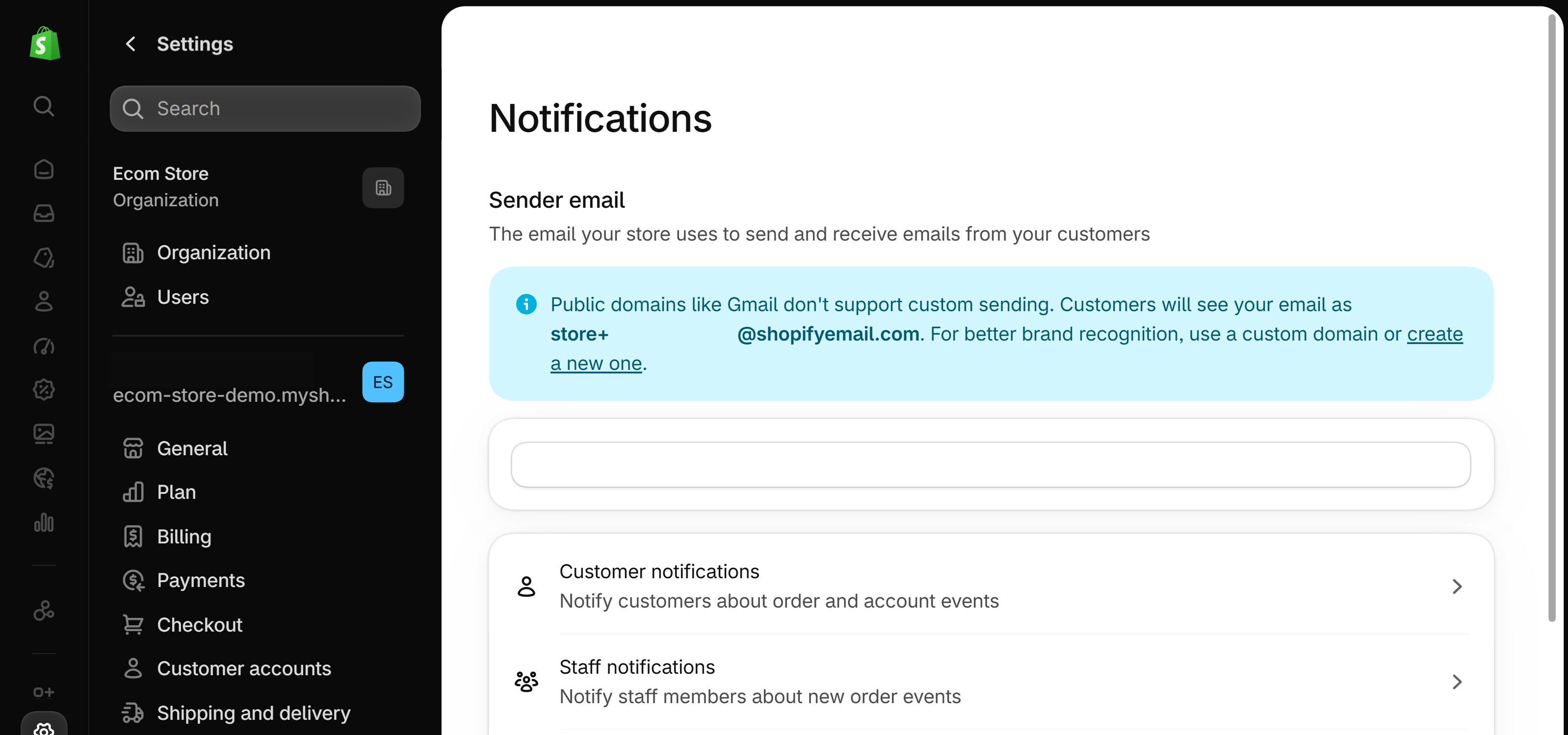 Shopify admin Notifications settings with the Sender email section at the top: a blue notice that public domains like Gmail don't support custom sending, and the sender address field
