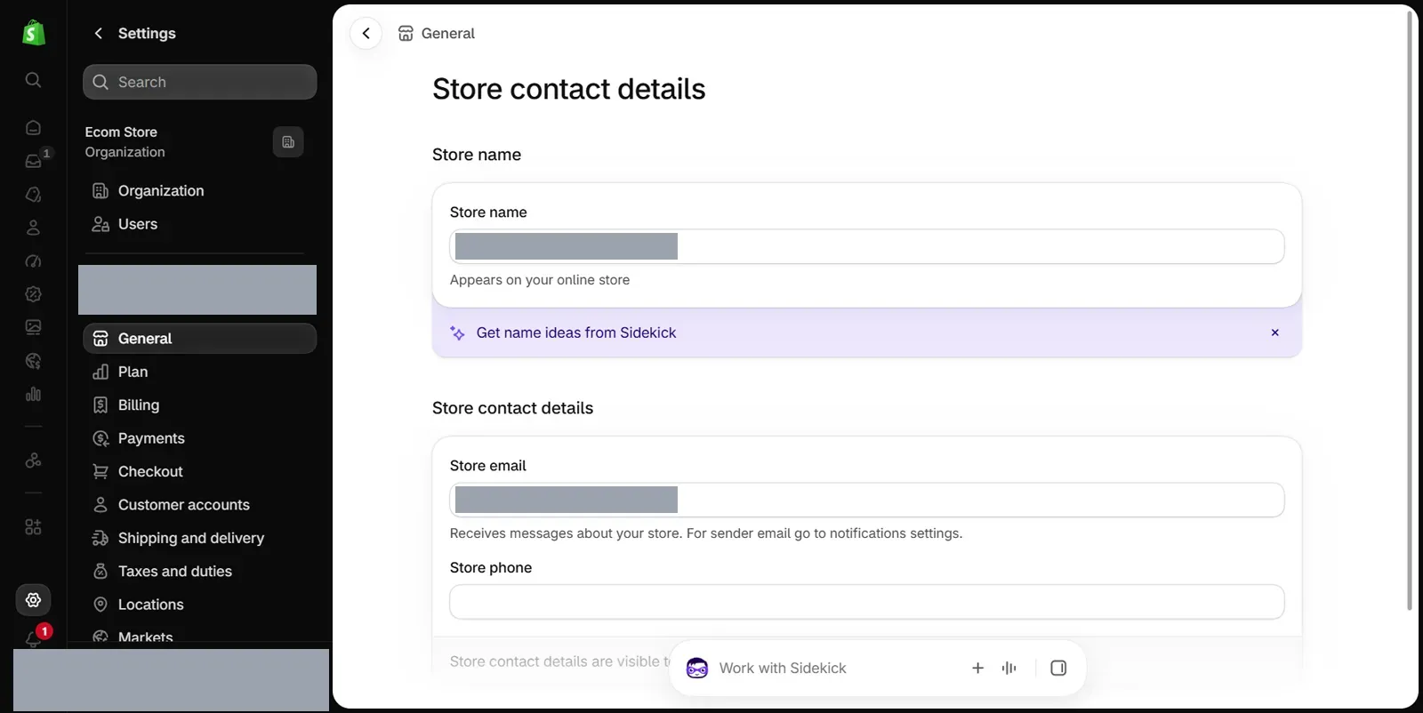 Store contact details page in the Shopify admin with the Store name card and the Store email and Store phone fields