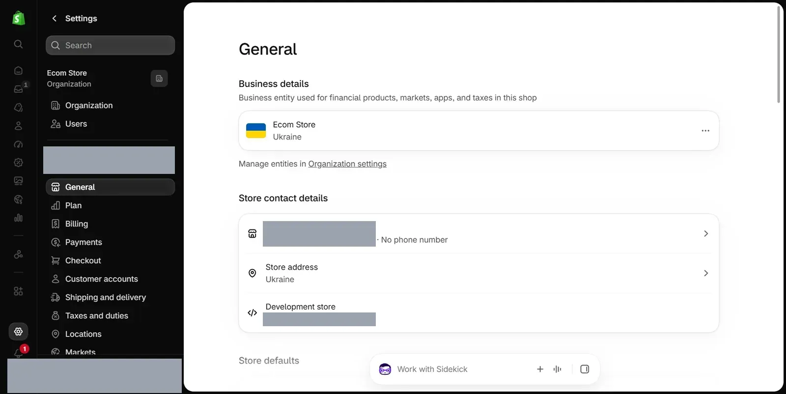 Shopify admin Settings menu with General highlighted and the Store contact details section listing the store name, address and development store details
